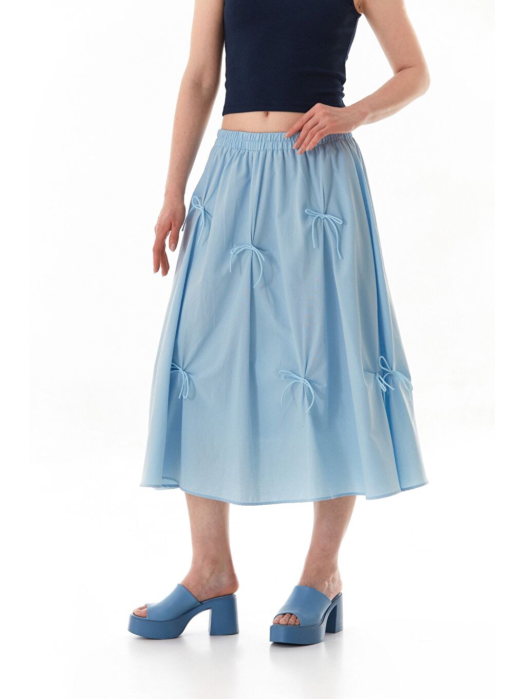 Mavi Beli Lastikli Kurdeleli Terikoton Kumaş Etek-1
