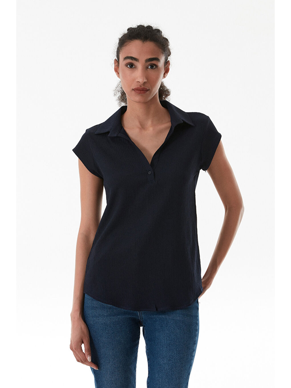 Lacivert Basic Bürümcük Kumaş Gömlek Yaka Bluz