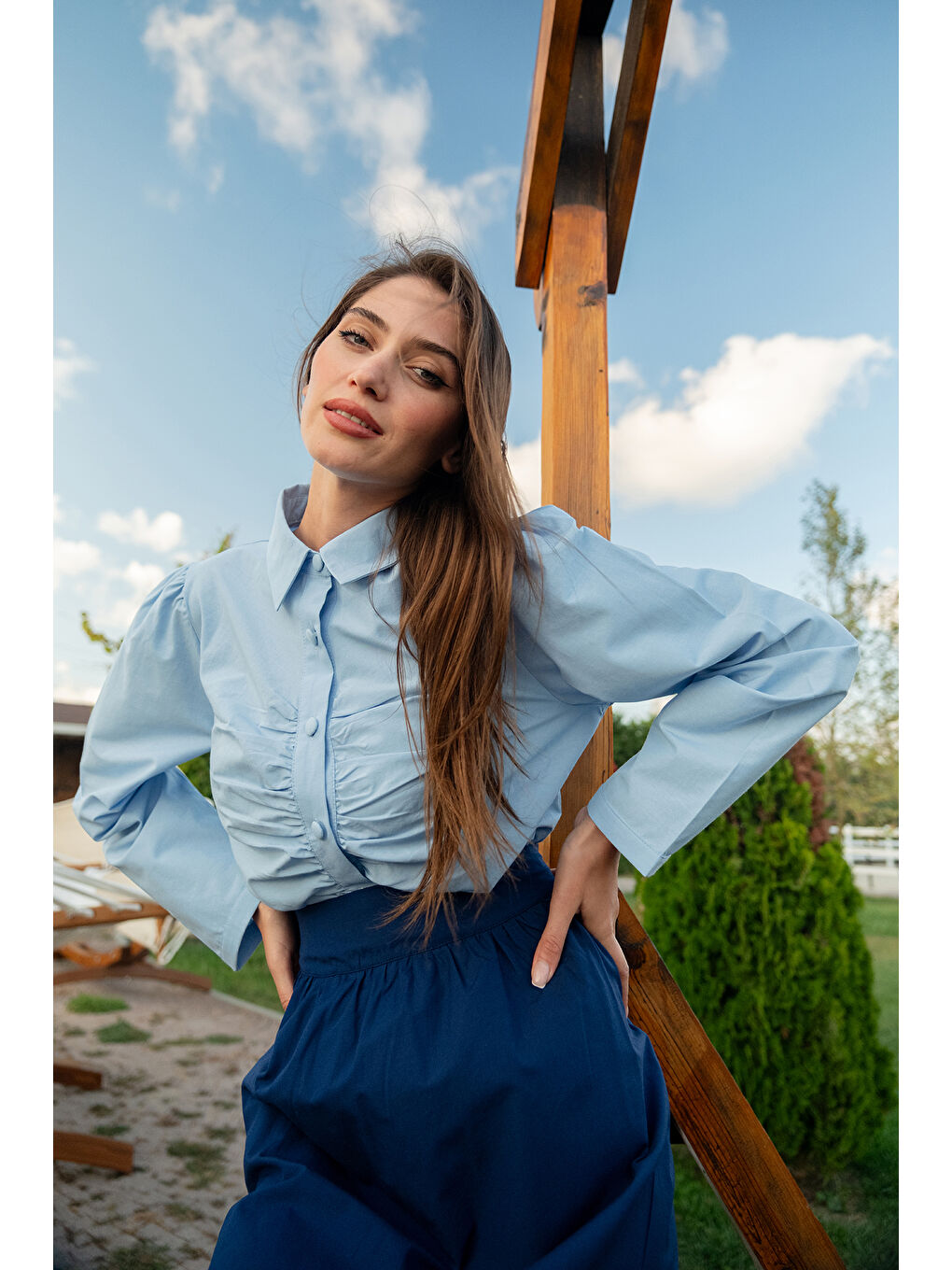 Kadın Büzgü Detay Poplin Gömlek Mavi-4