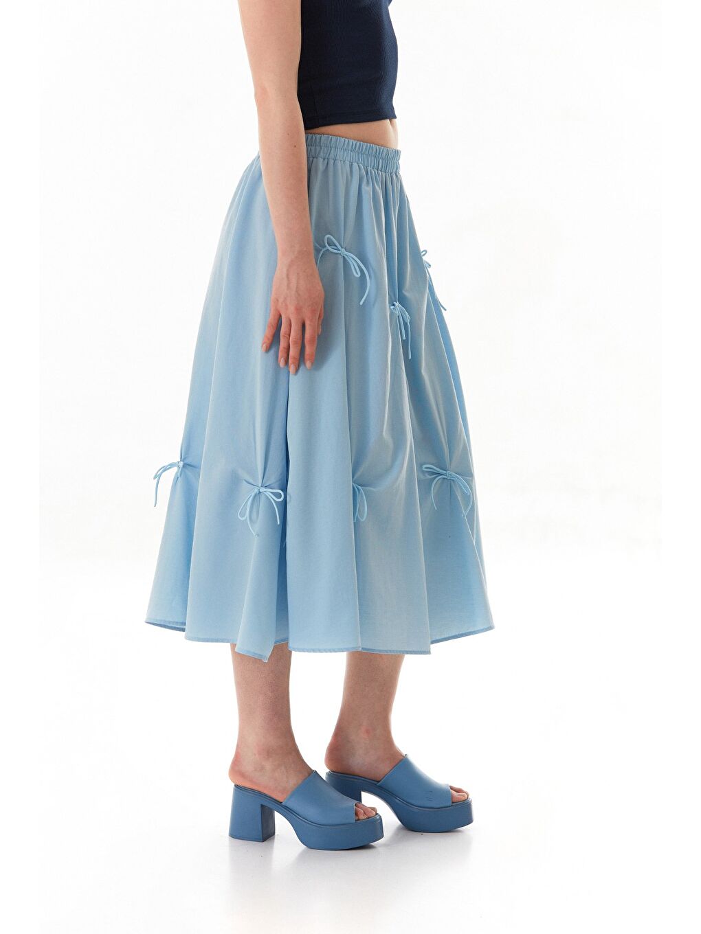Mavi Beli Lastikli Kurdeleli Terikoton Kumaş Etek-4