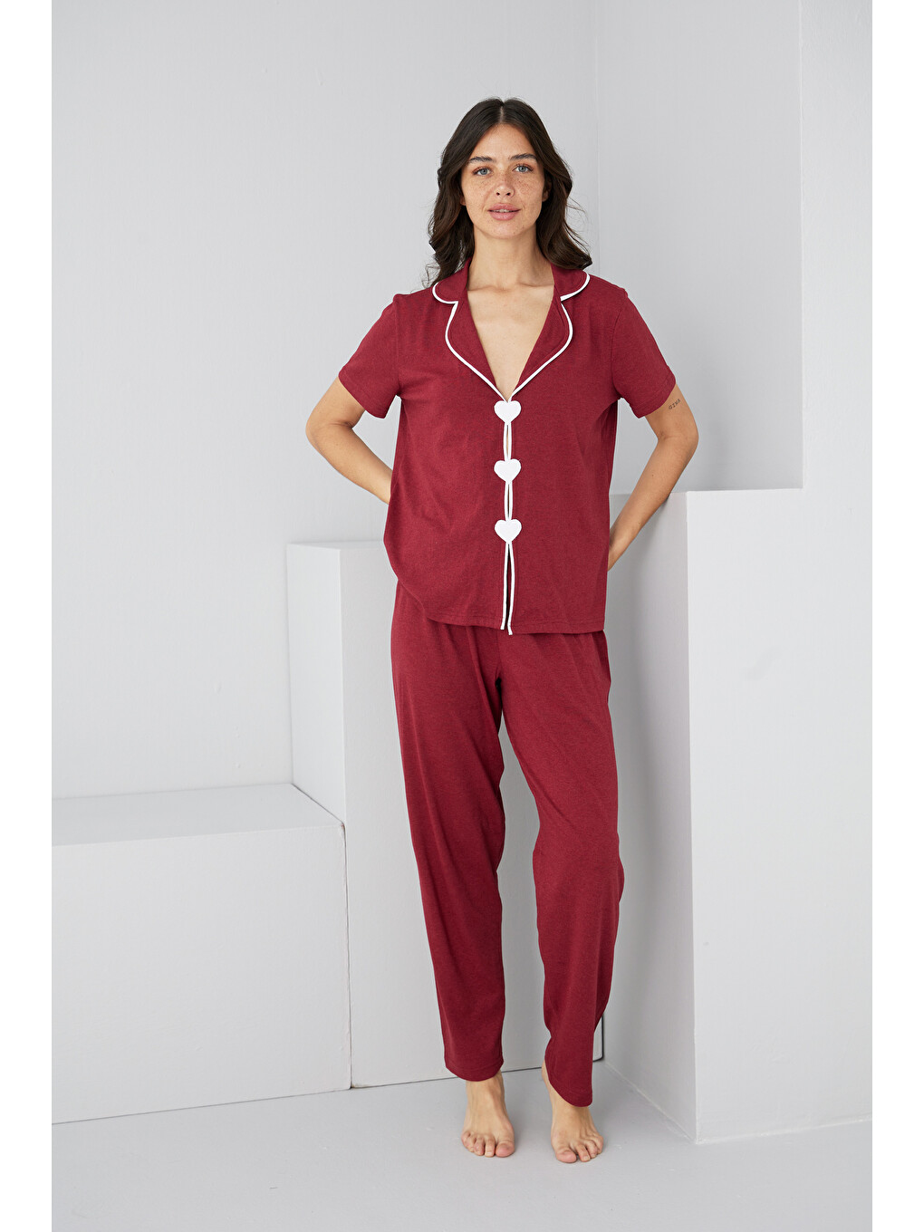 Bordo Kalpli Biye Detaylı Örme Pijama Takım7891-1
