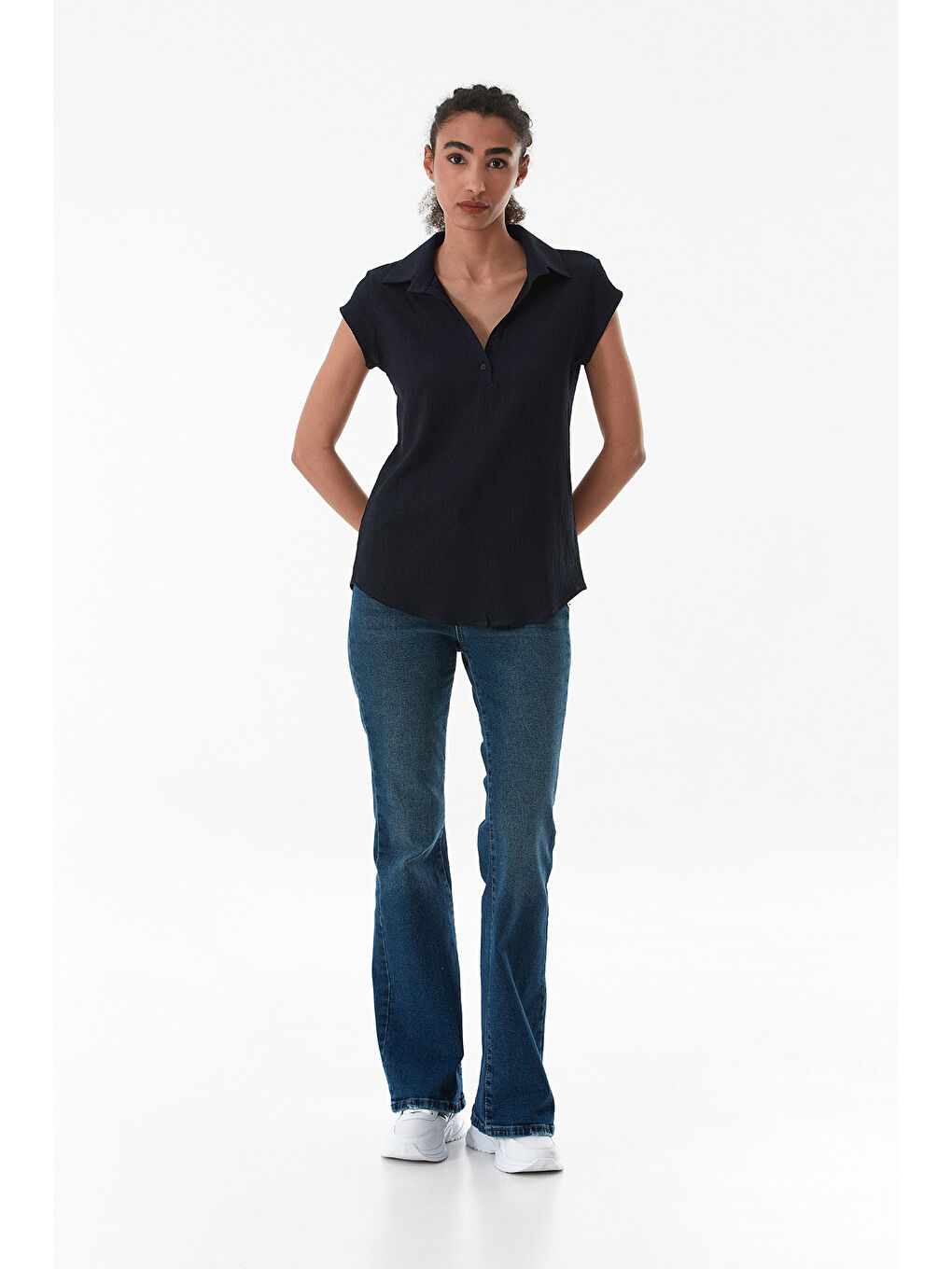 Lacivert Basic Bürümcük Kumaş Gömlek Yaka Bluz-1