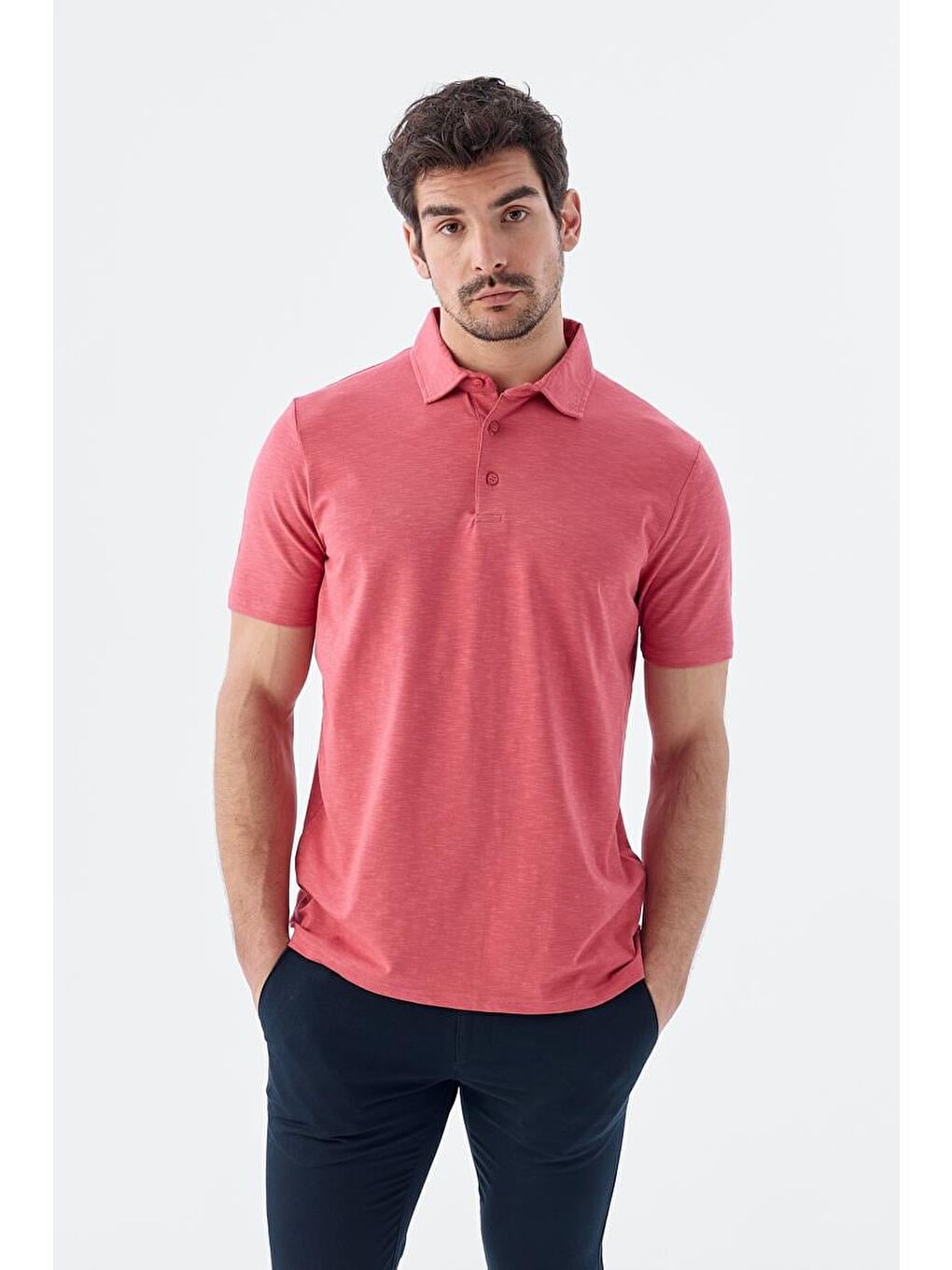 Pembe Gül Kurusu Düğme Detaylı Slim Fit Polo Yaka T-Shirt