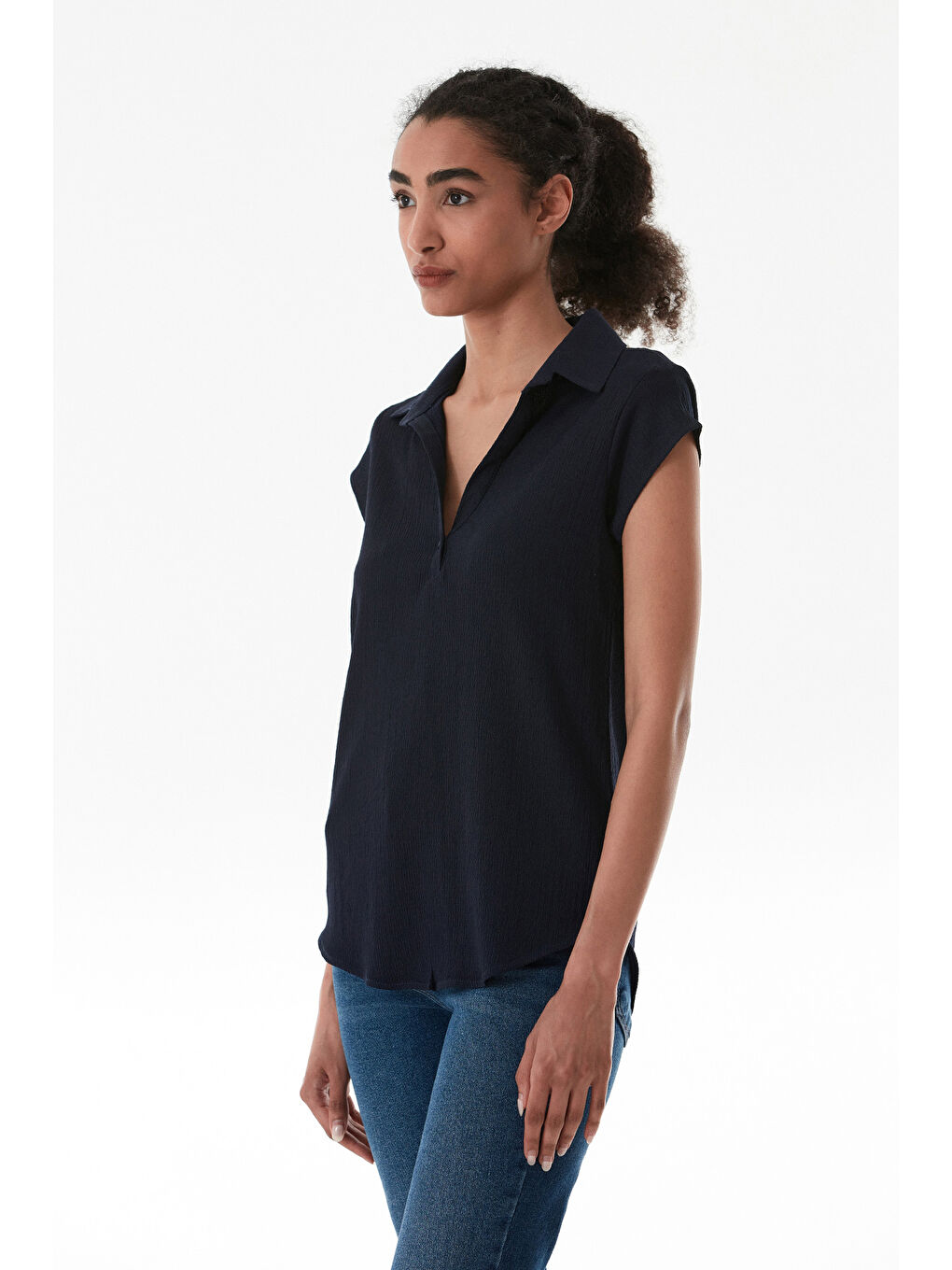 Lacivert Basic Bürümcük Kumaş Gömlek Yaka Bluz-2