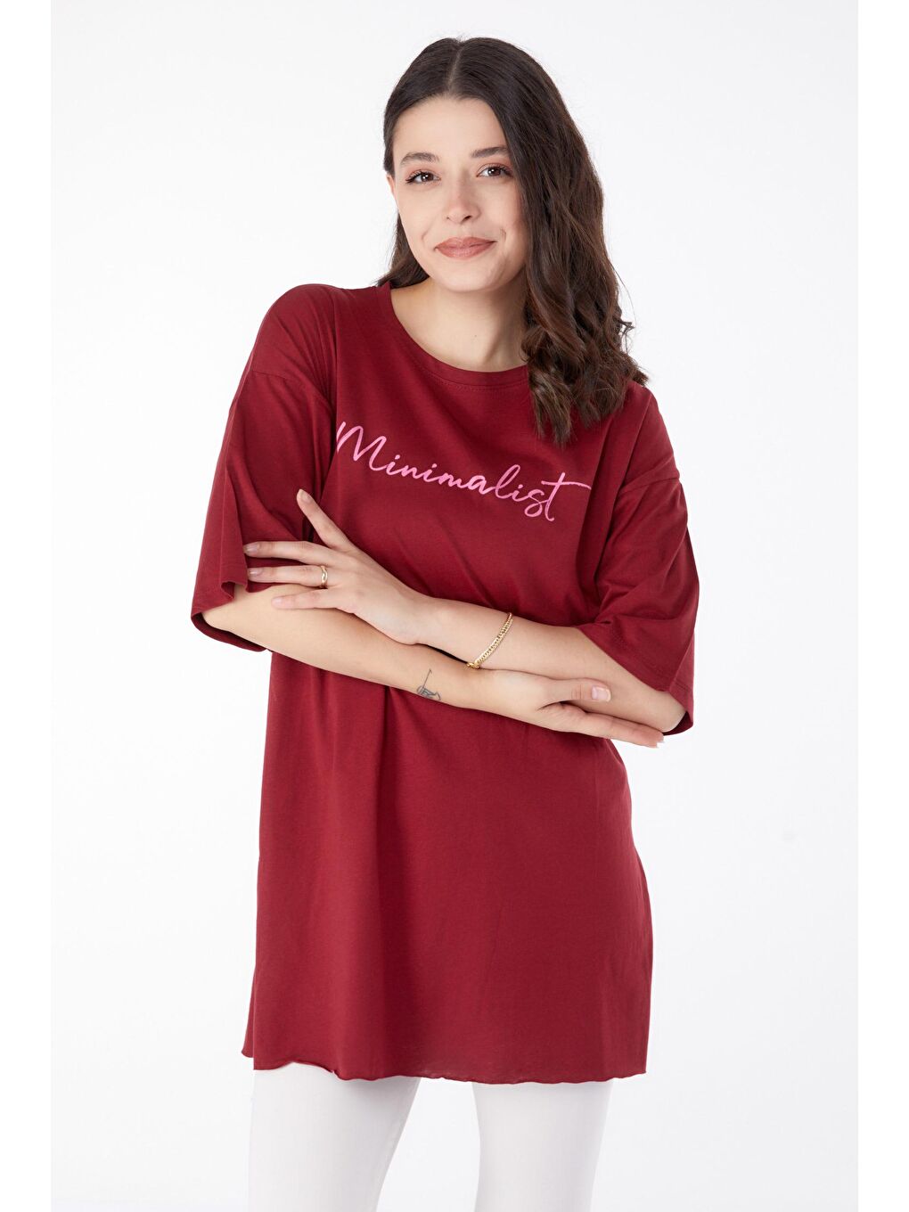 TOFİSA Bordo Düz Bisiklet Yaka Kadın Bordo Baskılı Kısa Kollu T-Shirt  - 25395