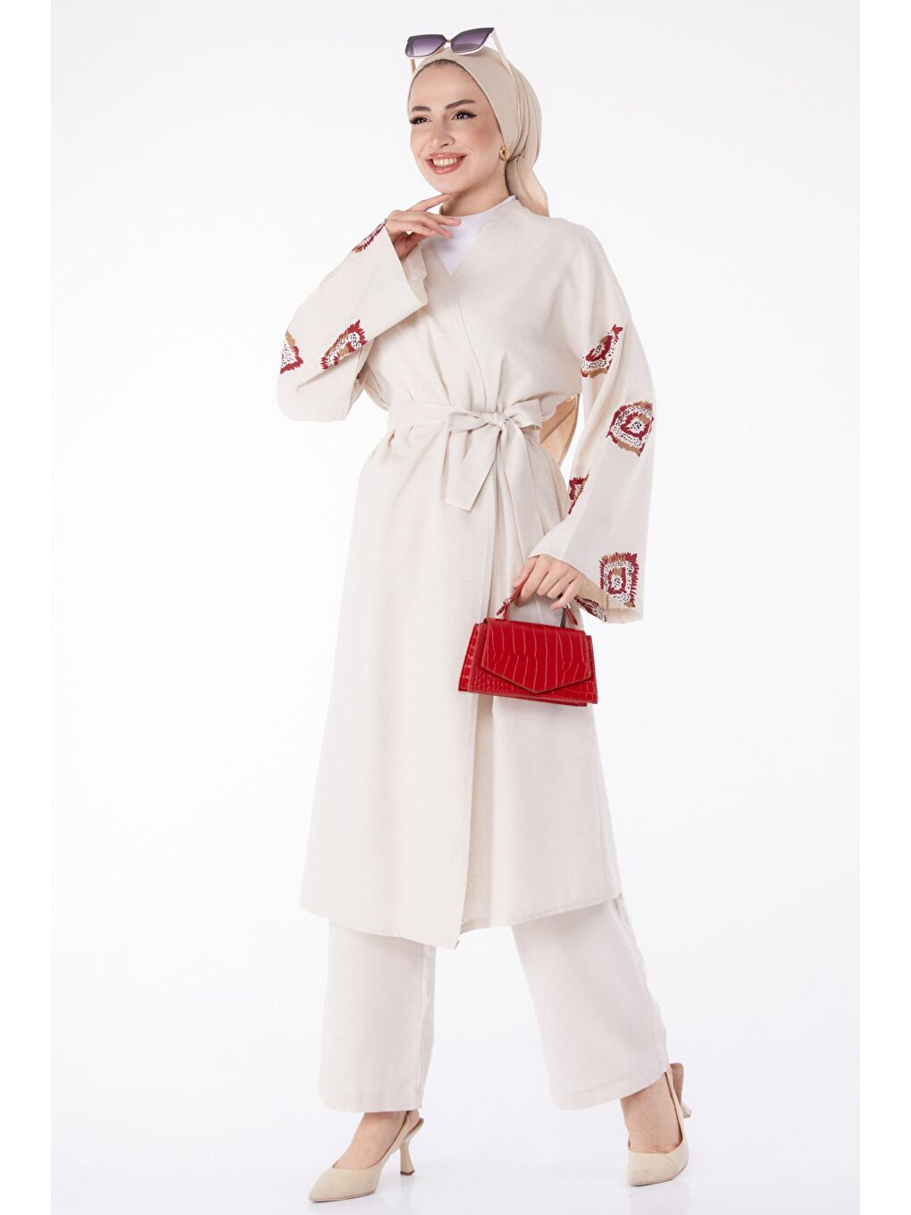 Ceket Yaka Kadın Bordo Kimono Pantolon İkili Takım - 13193-1