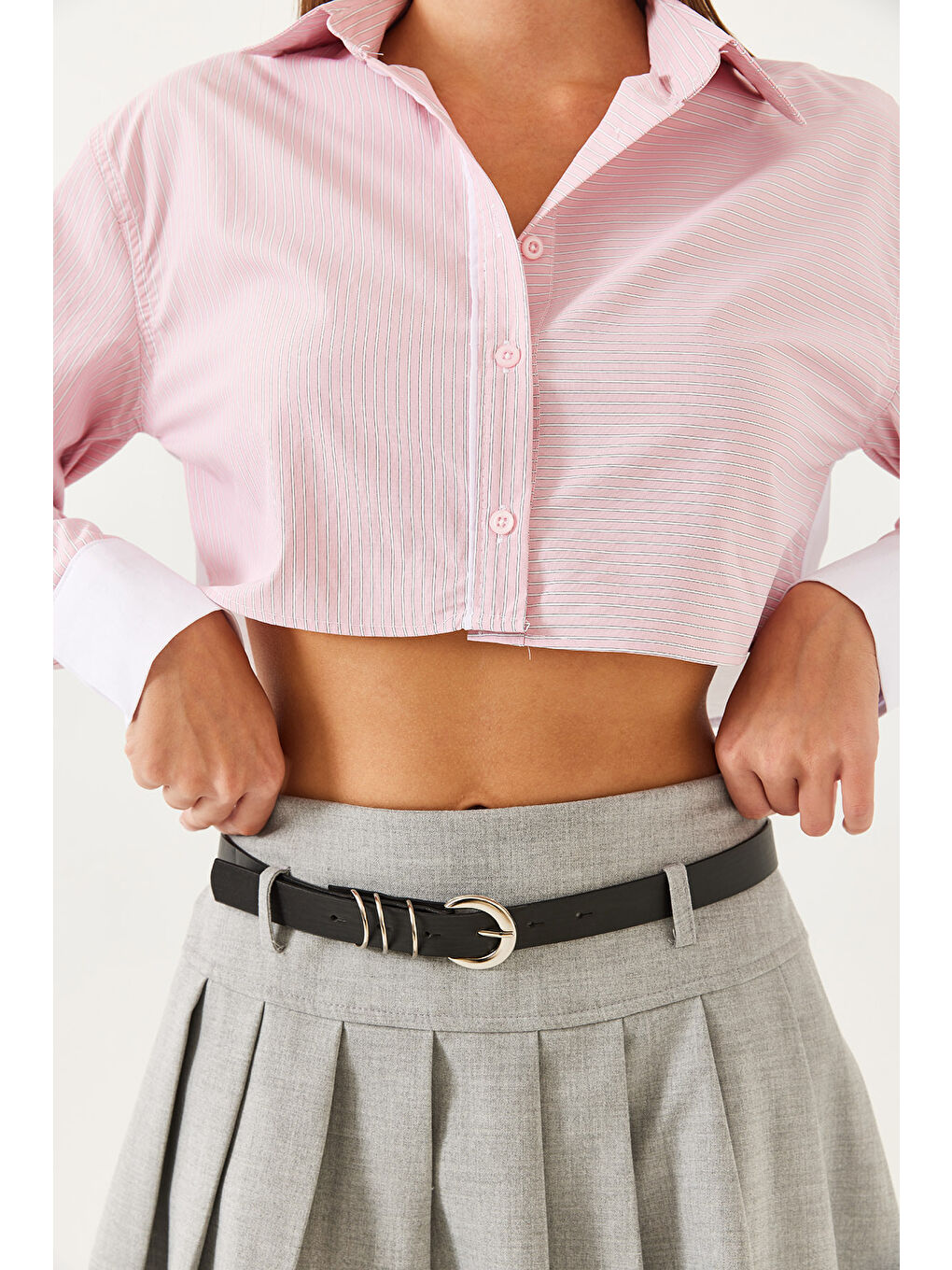 Pembe Kadın Asimetrik Çizgili Manşet Detaylı Crop Gömlek-3