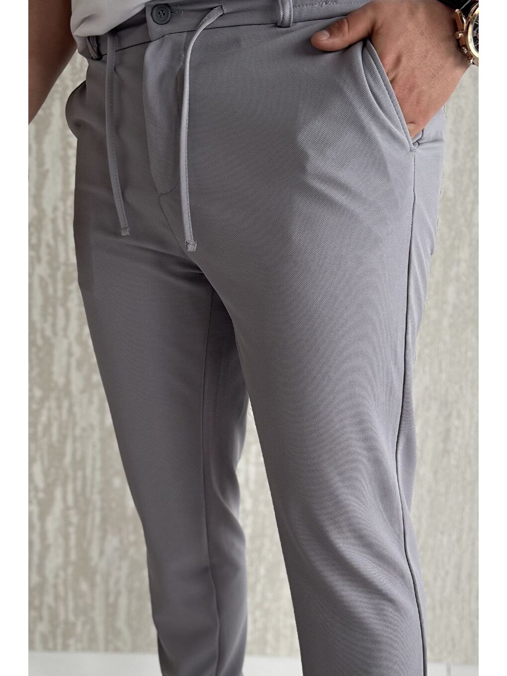 Gri Bel Bağcıklı Fermuarlı Erkek Jogger Pantolon-3