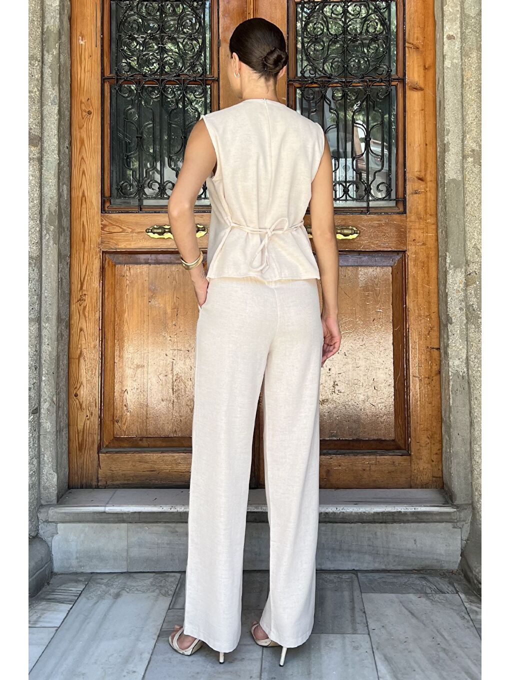 Bej Bel Bağcıklı Keten Bluz Pantolon İkili Takım-2