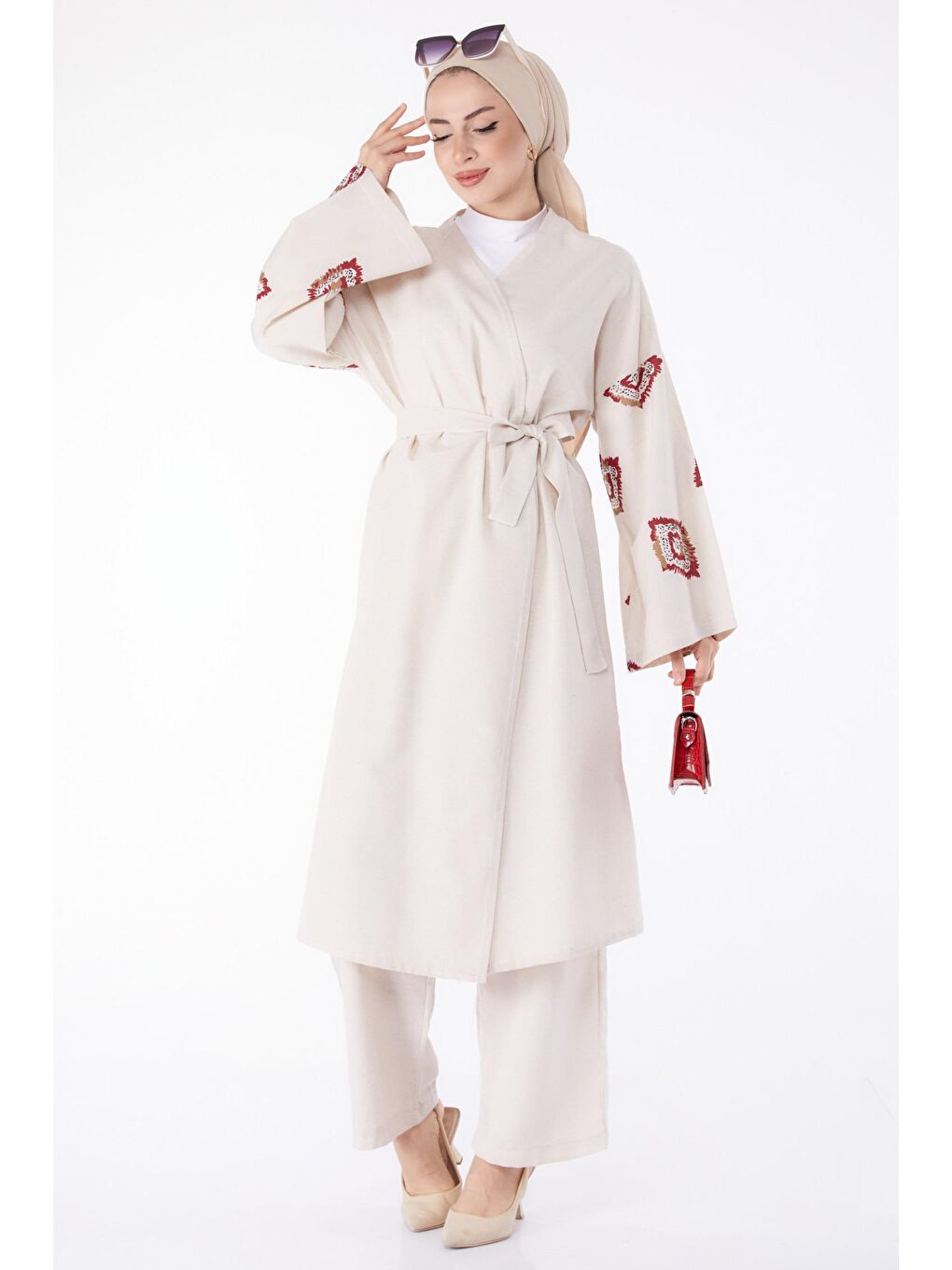 Ceket Yaka Kadın Bordo Kimono Pantolon İkili Takım - 13193-2