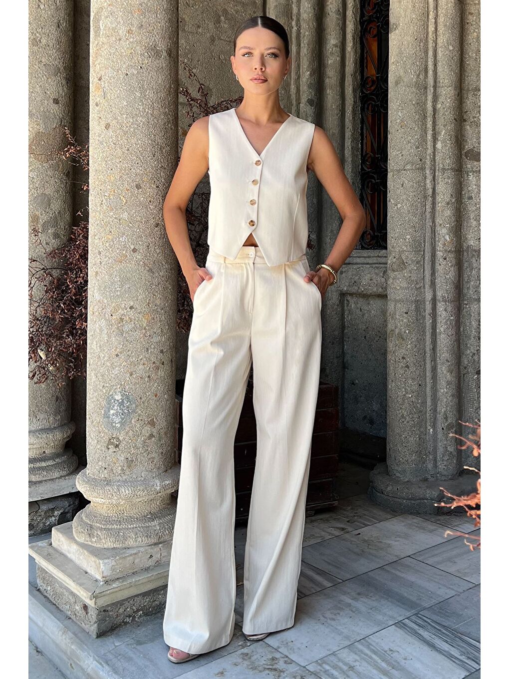 Bej Kadın Astarlı Yelek Pantolon İkili Keten Takım