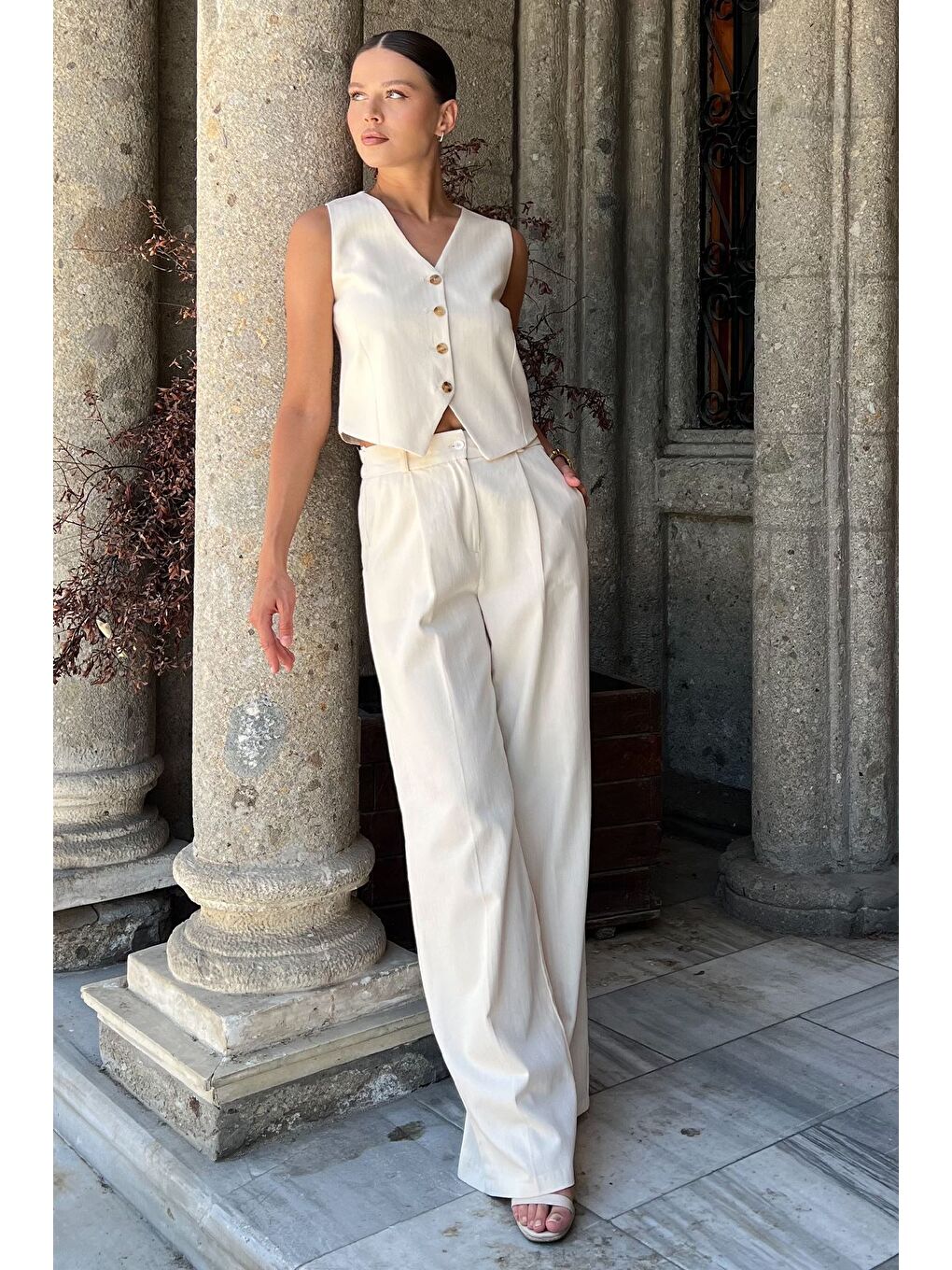 Bej Kadın Astarlı Yelek Pantolon İkili Keten Takım-1