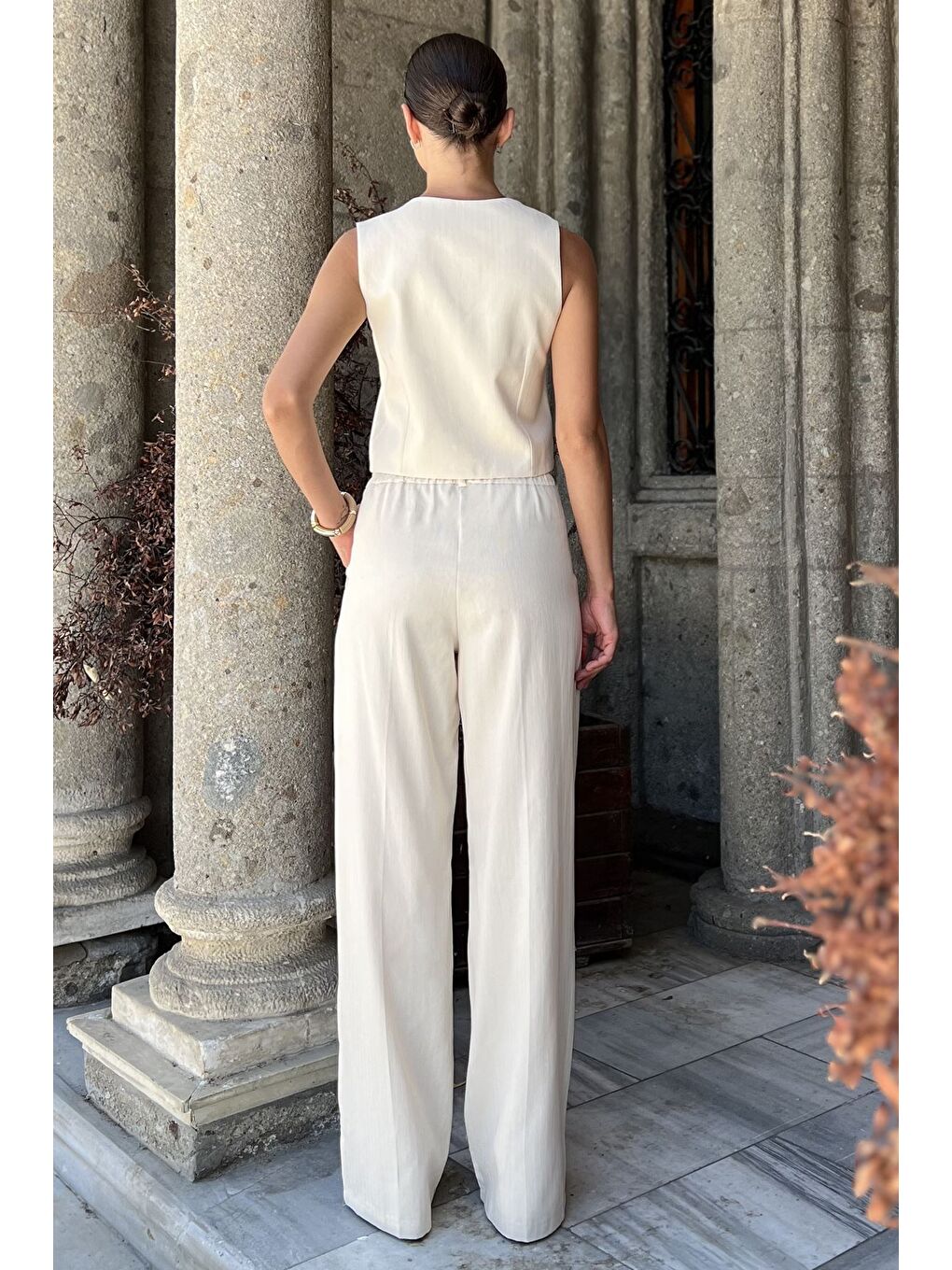 Bej Kadın Astarlı Yelek Pantolon İkili Keten Takım-2