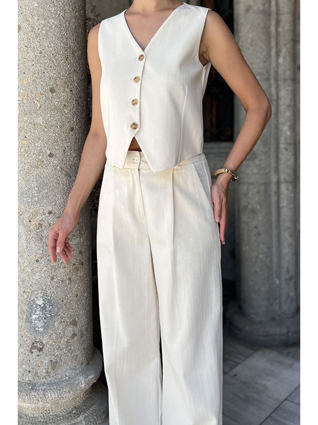 Bej Kadın Astarlı Yelek Pantolon İkili Keten Takım-3