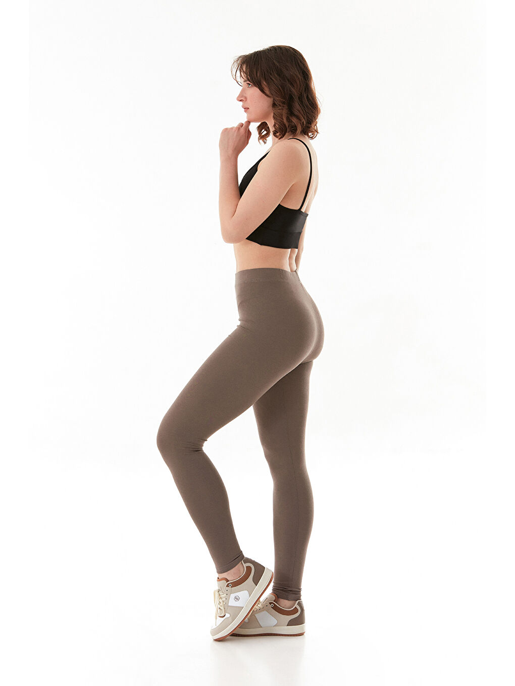 Kahverengi Beli Lastikli Yüksek Bel Tayt