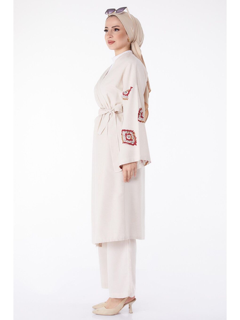 Ceket Yaka Kadın Bordo Kimono Pantolon İkili Takım - 13193-3