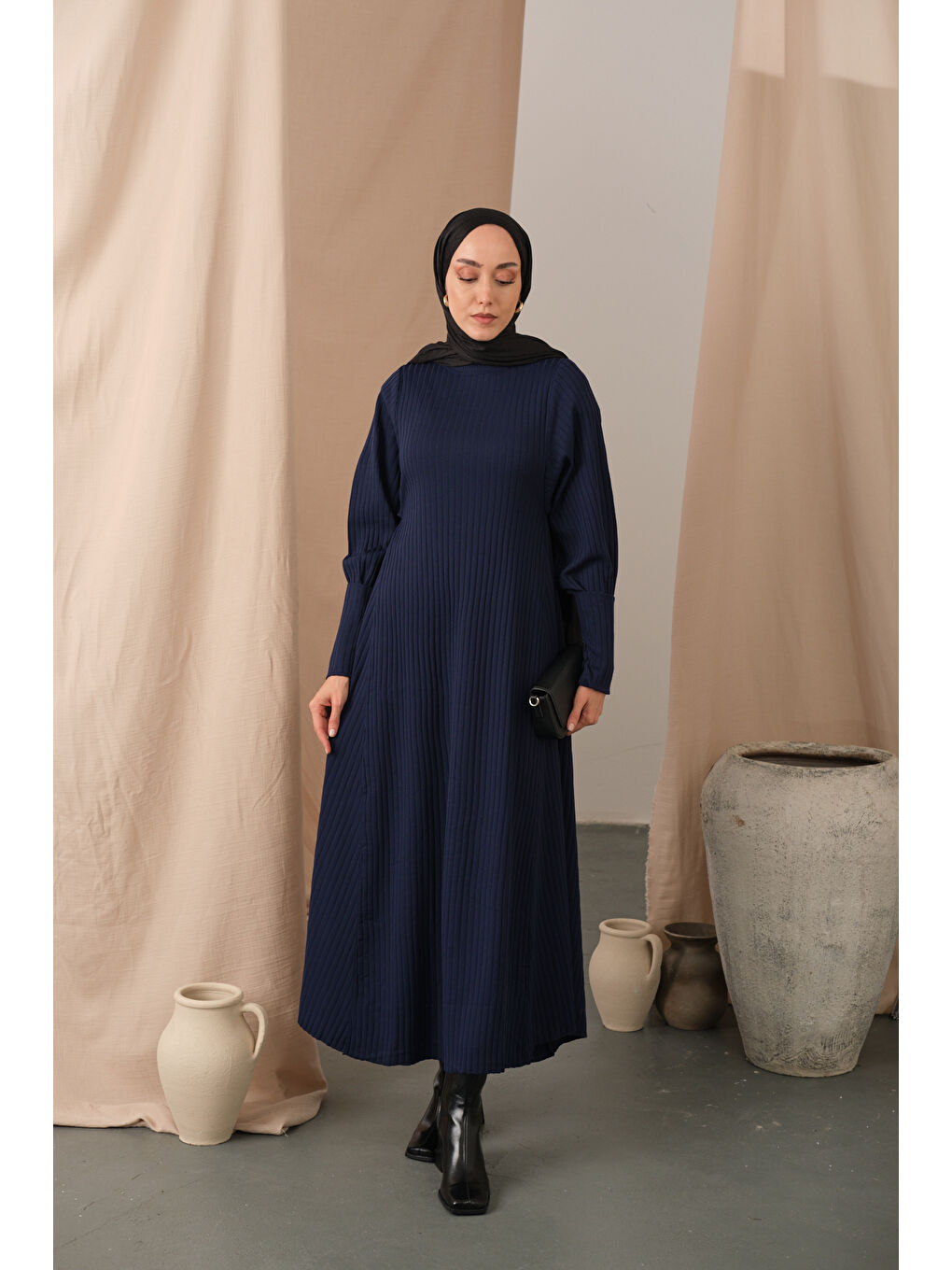 Kadın Kendinden Desenli Triko Elbise Lacivert-1