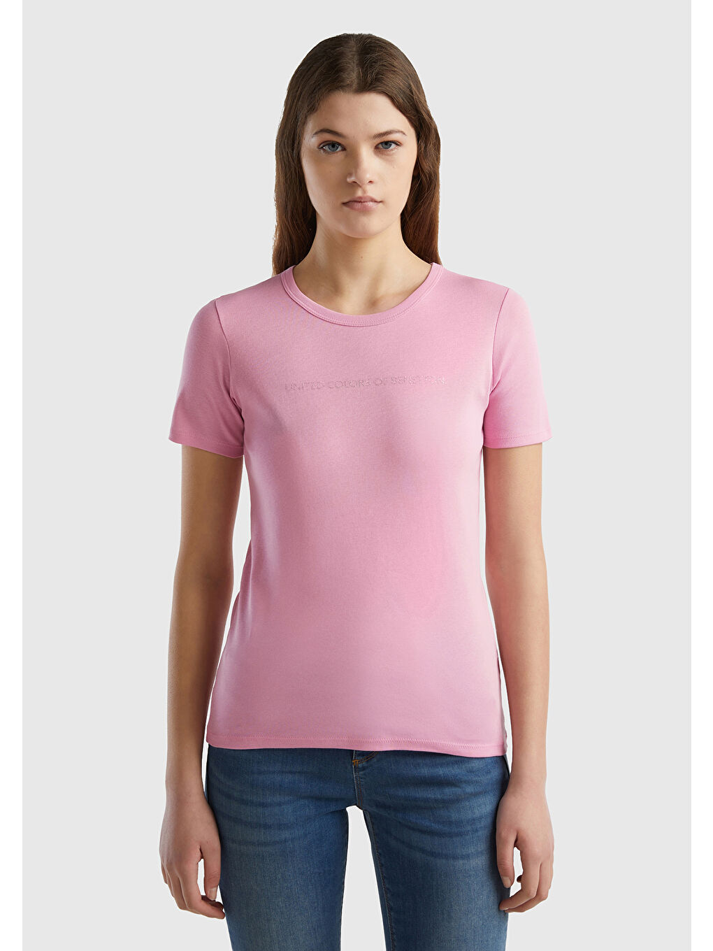 United Colors Of Benetton Kadın Açık Pembe  100 Pamuk Benetton Yazılı Basic T Shirt