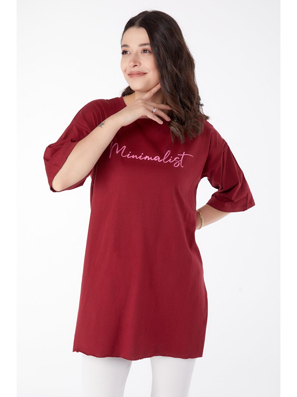 TOFİSA Bordo Düz Bisiklet Yaka Kadın Bordo Baskılı Kısa Kollu T-Shirt  - 25395 - 2