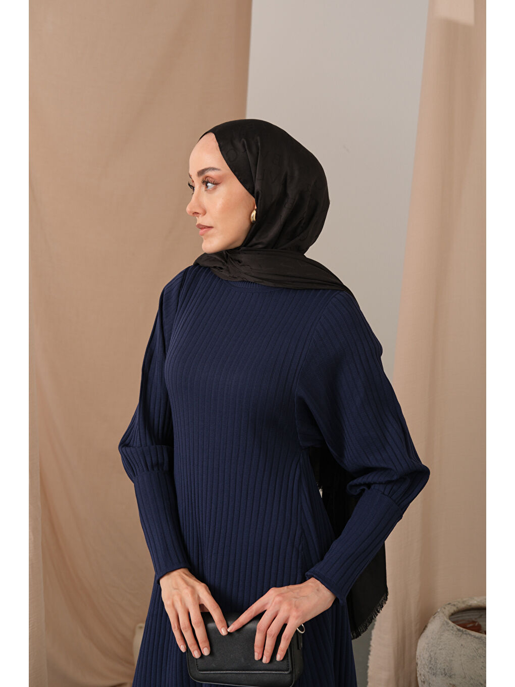 Kadın Kendinden Desenli Triko Elbise Lacivert-2