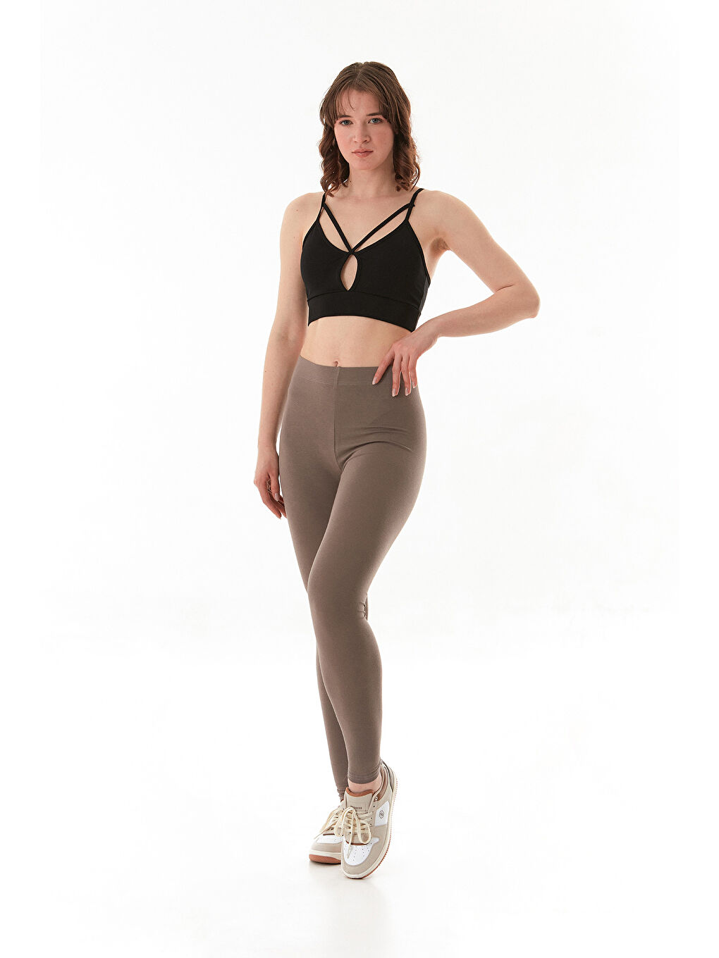 Kahverengi Beli Lastikli Yüksek Bel Tayt-2