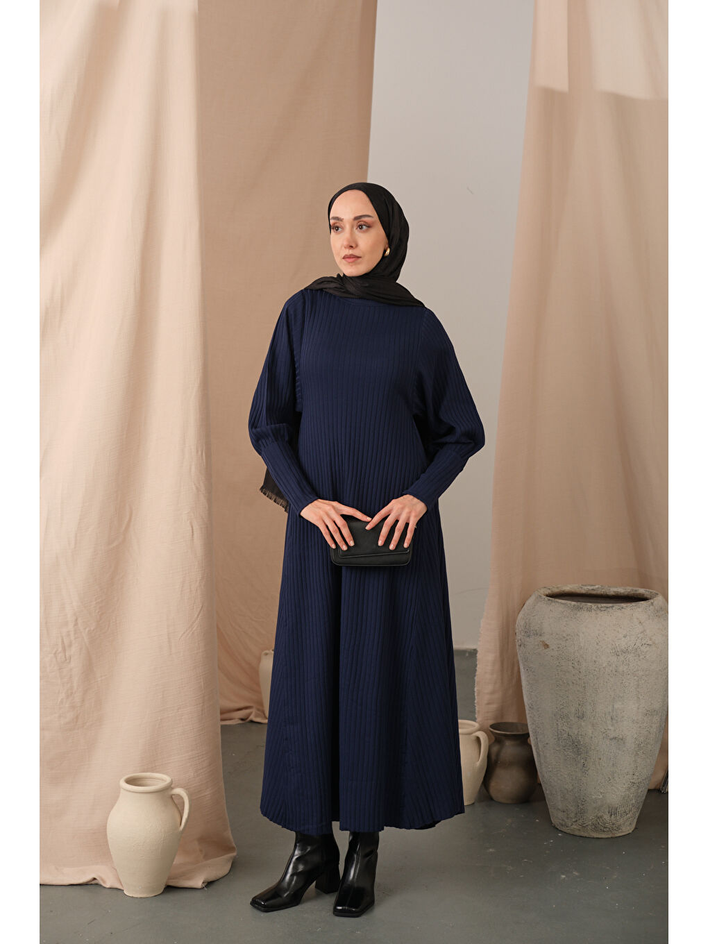 Kadın Kendinden Desenli Triko Elbise Lacivert-3