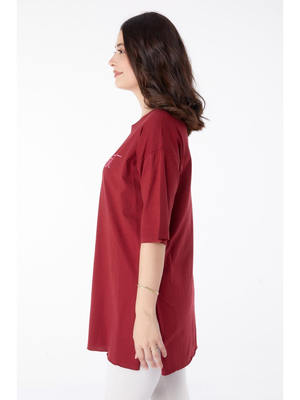 TOFİSA Bordo Düz Bisiklet Yaka Kadın Bordo Baskılı Kısa Kollu T-Shirt  - 25395 - 3