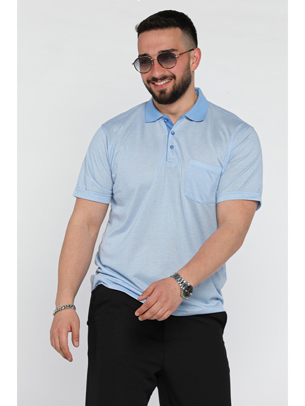 Mavi Erkek Polo Yaka Tek Cepli Kendinden Desenli Tişört-1