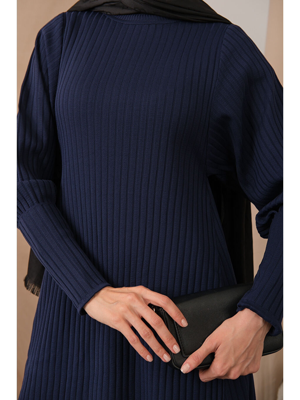 Kadın Kendinden Desenli Triko Elbise Lacivert-4