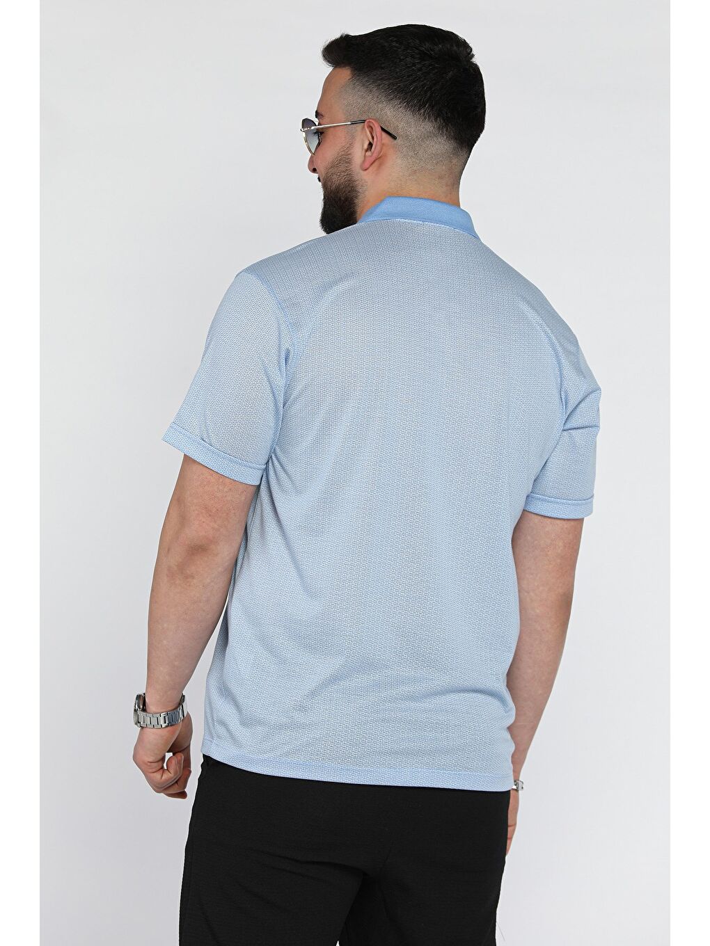 Mavi Erkek Polo Yaka Tek Cepli Kendinden Desenli Tişört-2