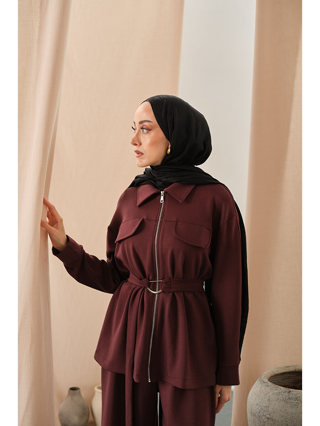 Kadın Fermuar Detay Bel Bağlamalı İkili Takım Bordo-1