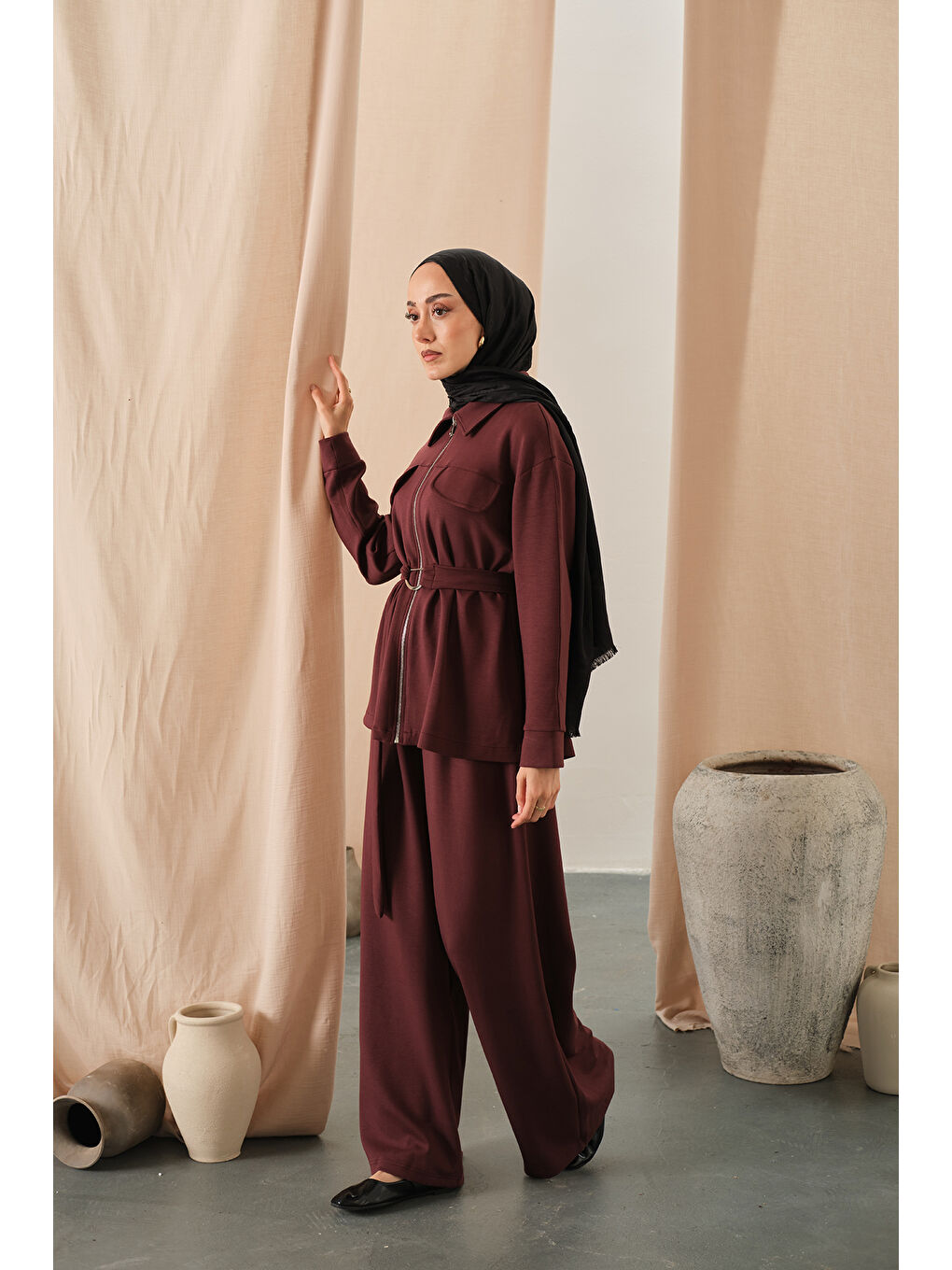 Kadın Fermuar Detay Bel Bağlamalı İkili Takım Bordo-2