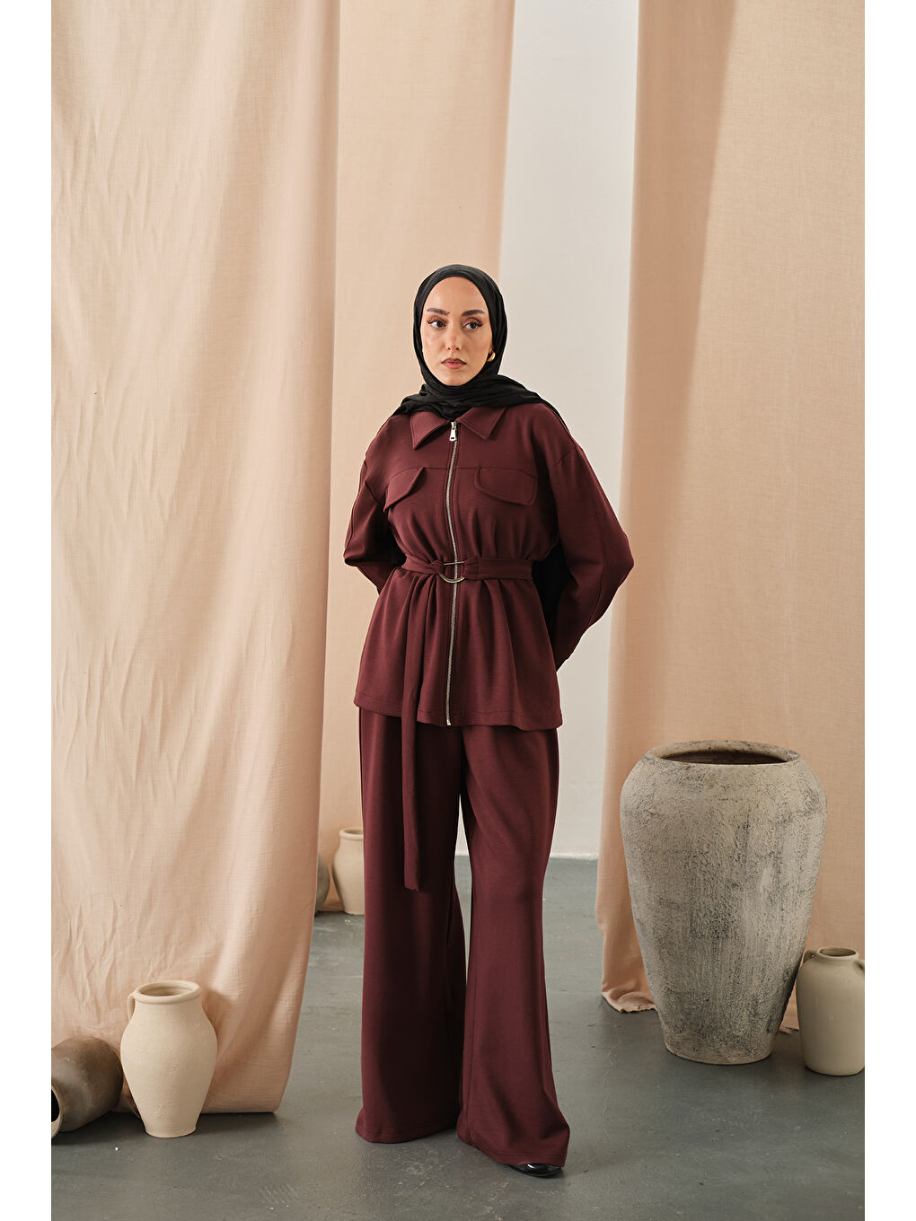 Kadın Fermuar Detay Bel Bağlamalı İkili Takım Bordo-3