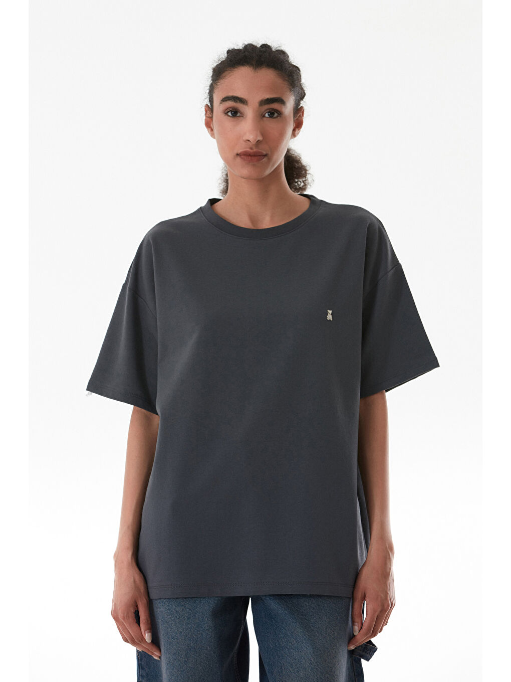 Antrasit Ayıcık Detaylı Oversize Tişört-2