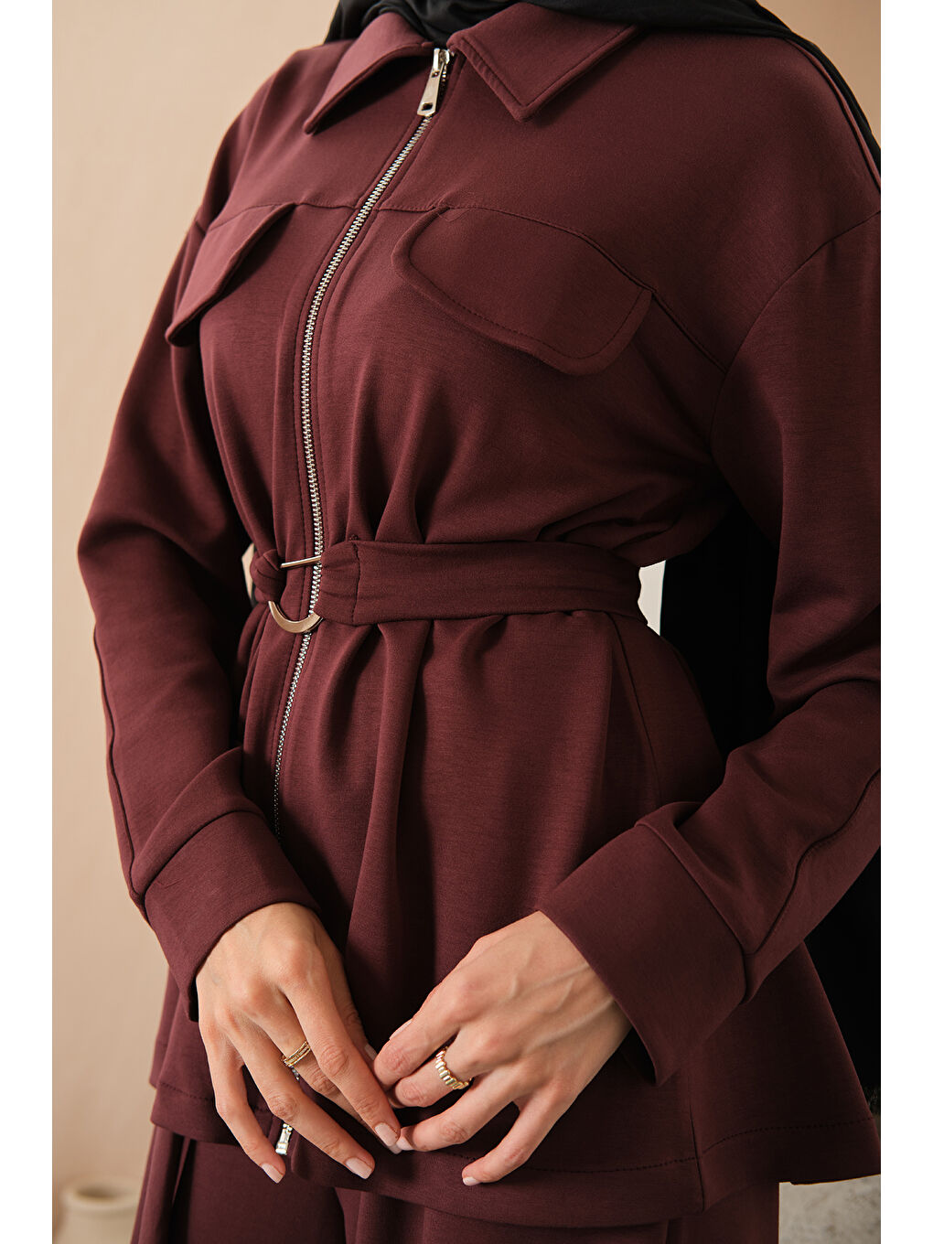 Kadın Fermuar Detay Bel Bağlamalı İkili Takım Bordo-4