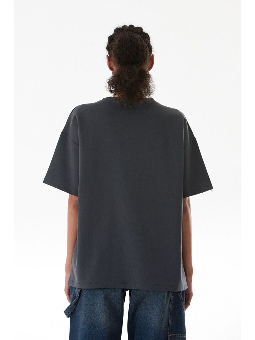 Antrasit Ayıcık Detaylı Oversize Tişört-4
