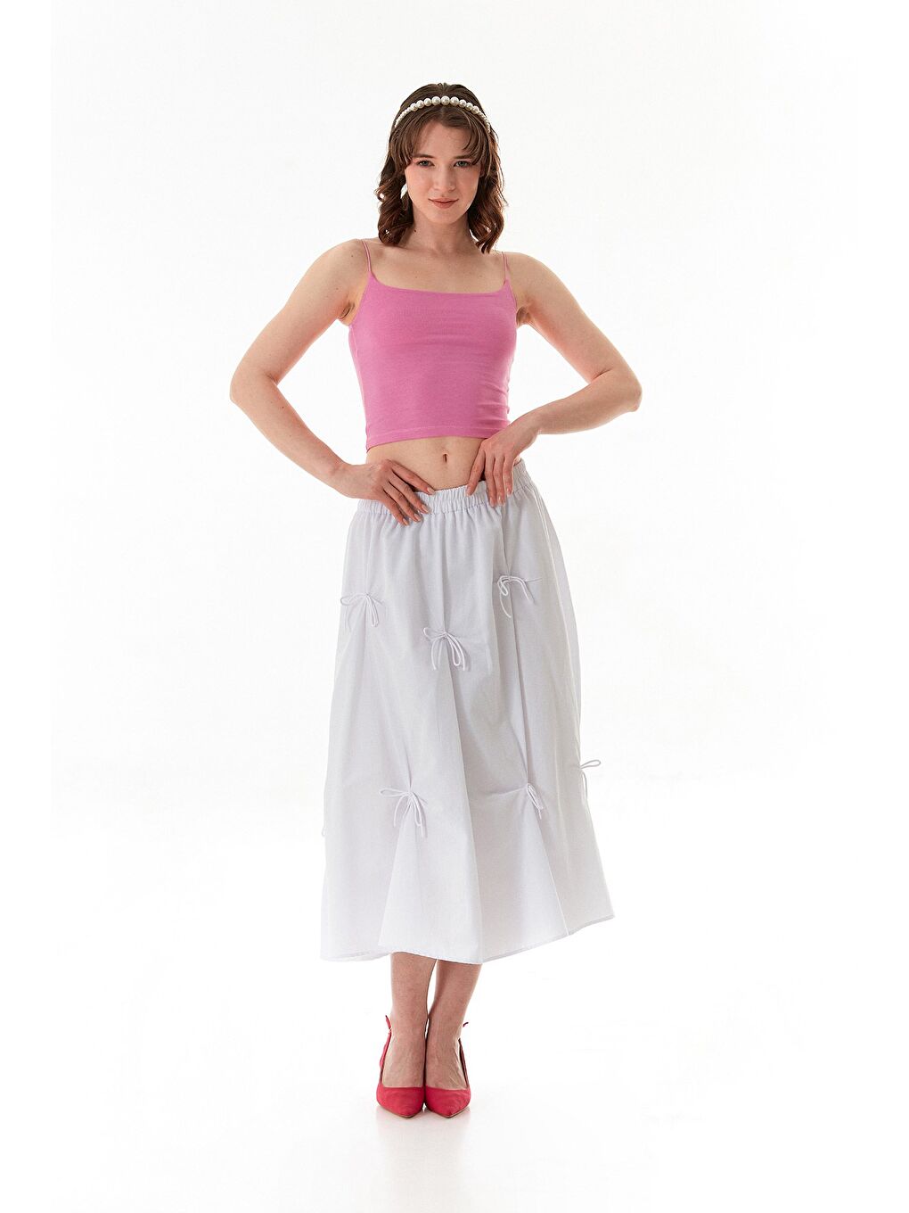 Beyaz Beli Lastikli Kurdeleli Terikoton Kumaş Etek-1