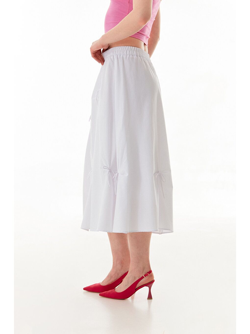 Beyaz Beli Lastikli Kurdeleli Terikoton Kumaş Etek-3