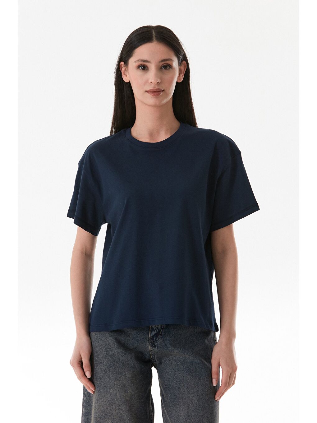 Lacivert Arkası Yazı Baskılı Bisiklet Yaka Tişört-1