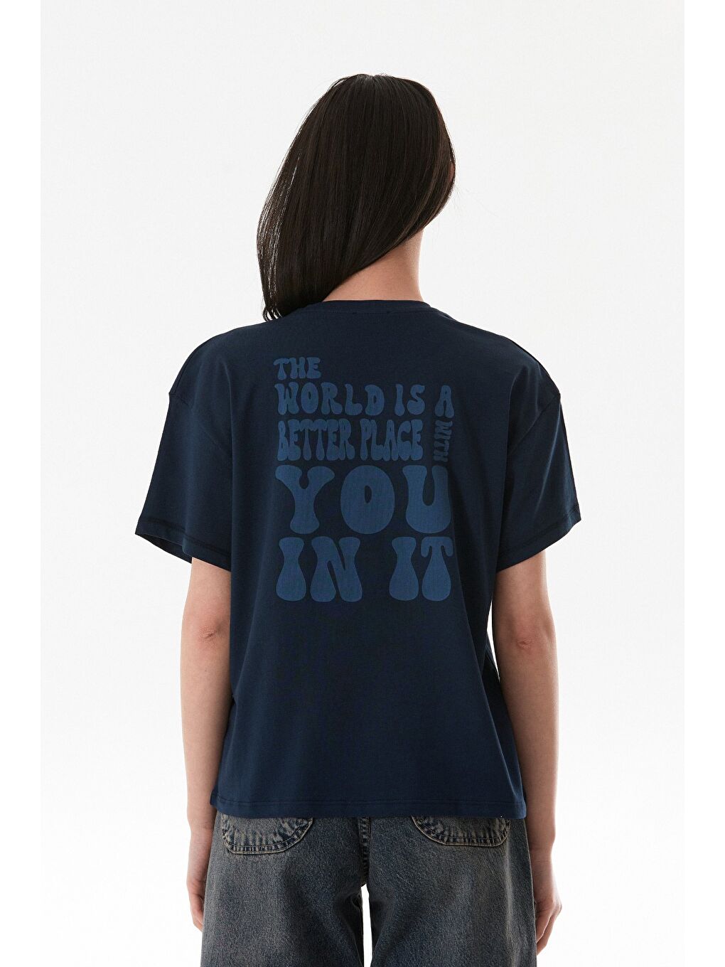 Lacivert Arkası Yazı Baskılı Bisiklet Yaka Tişört-3