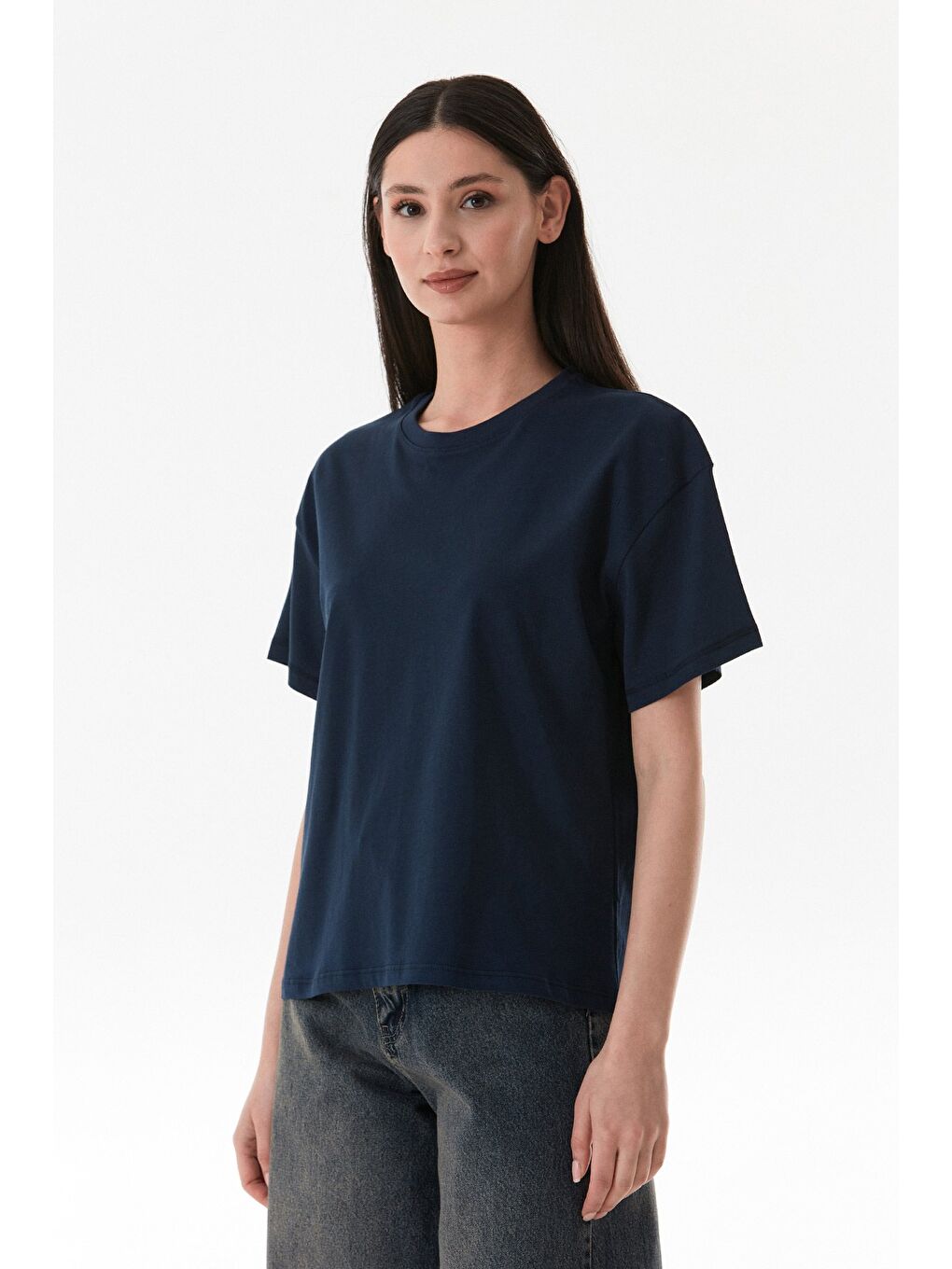 Lacivert Arkası Yazı Baskılı Bisiklet Yaka Tişört-4