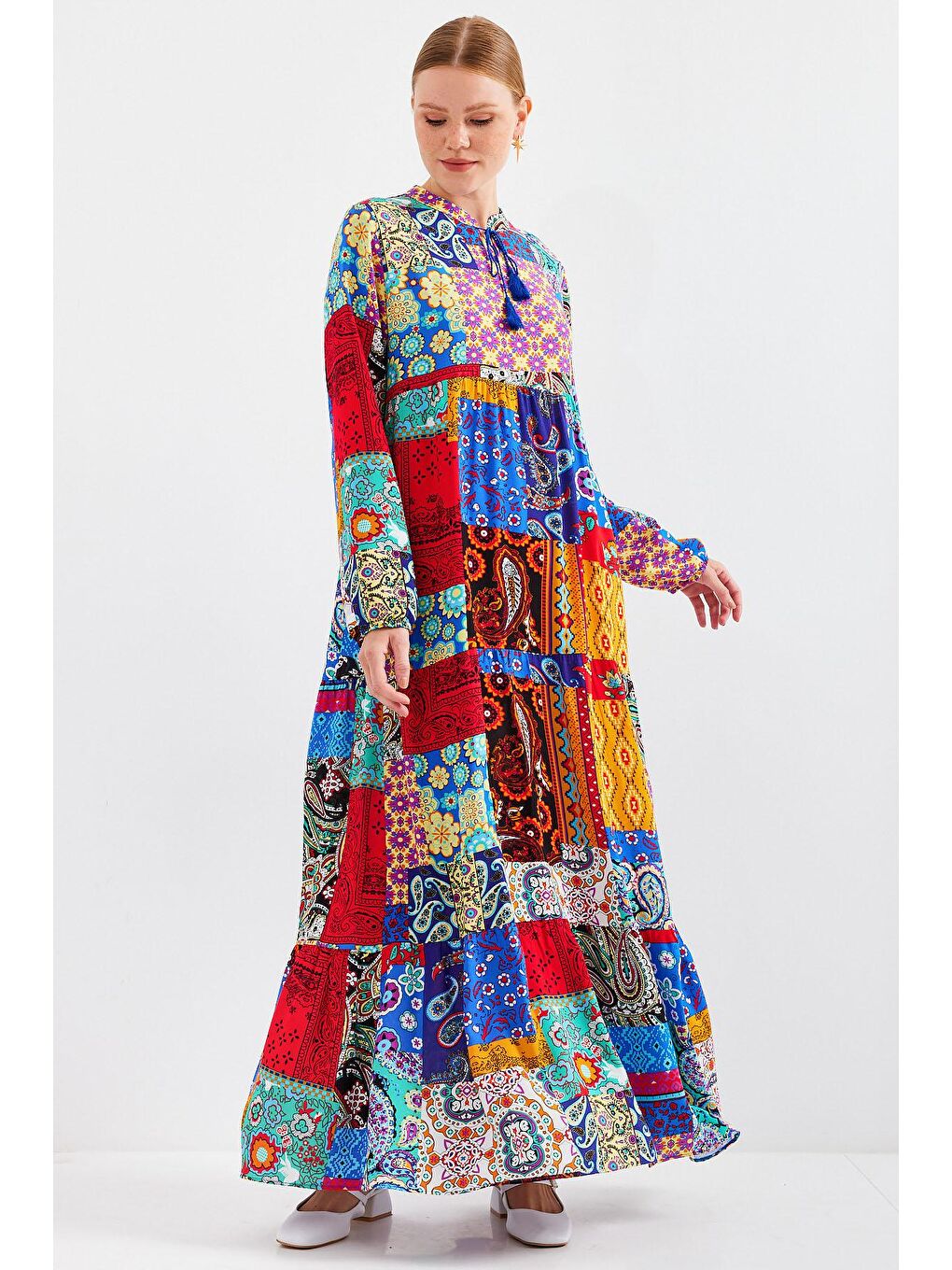 Karışık 1627 Yaka Bağcıklı Tesettür Elbise - Çok Renkli