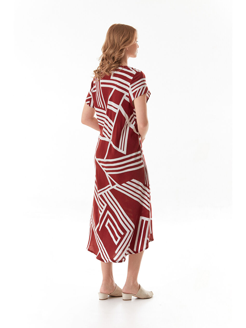 Bordo Çizgili V Yaka Salaş Elbise-2