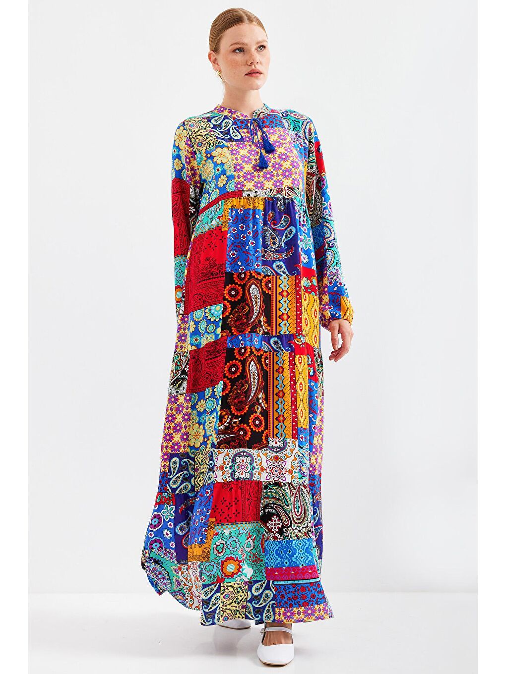 Karışık 1627 Yaka Bağcıklı Tesettür Elbise - Çok Renkli-1