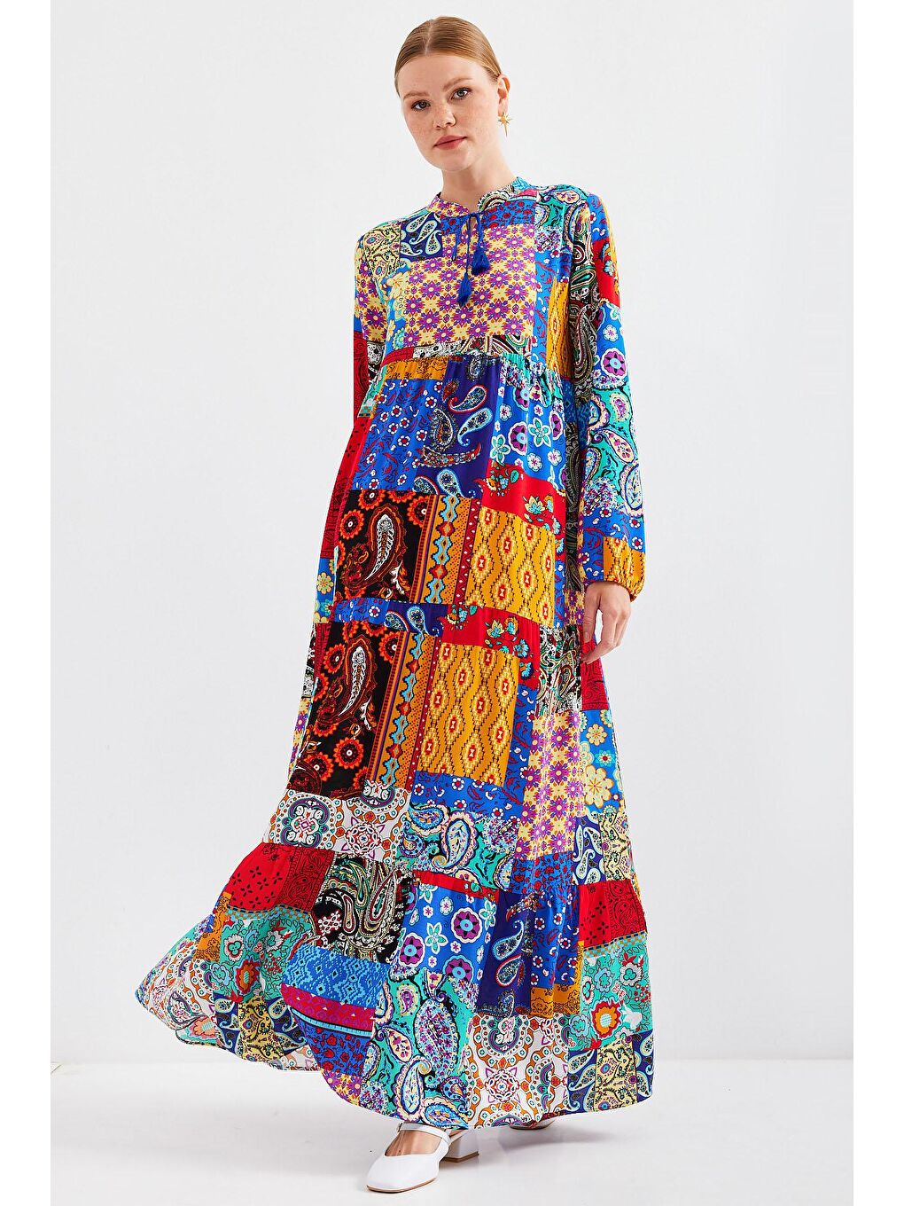 Karışık 1627 Yaka Bağcıklı Tesettür Elbise - Çok Renkli-2