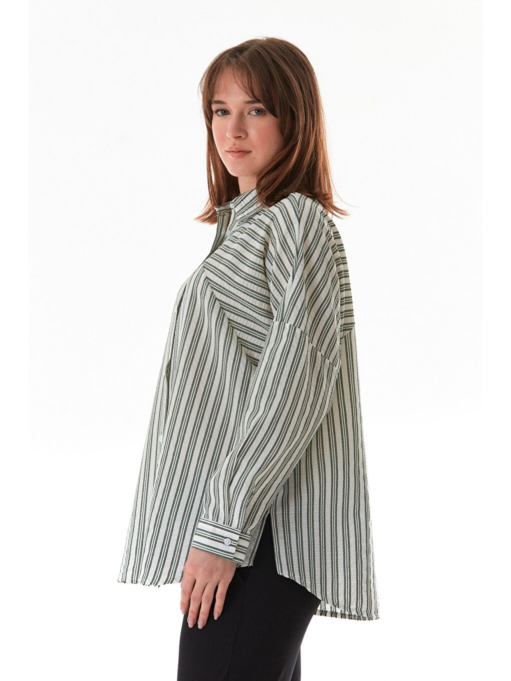 Yeşil Çizgili Oversize Gömlek-2