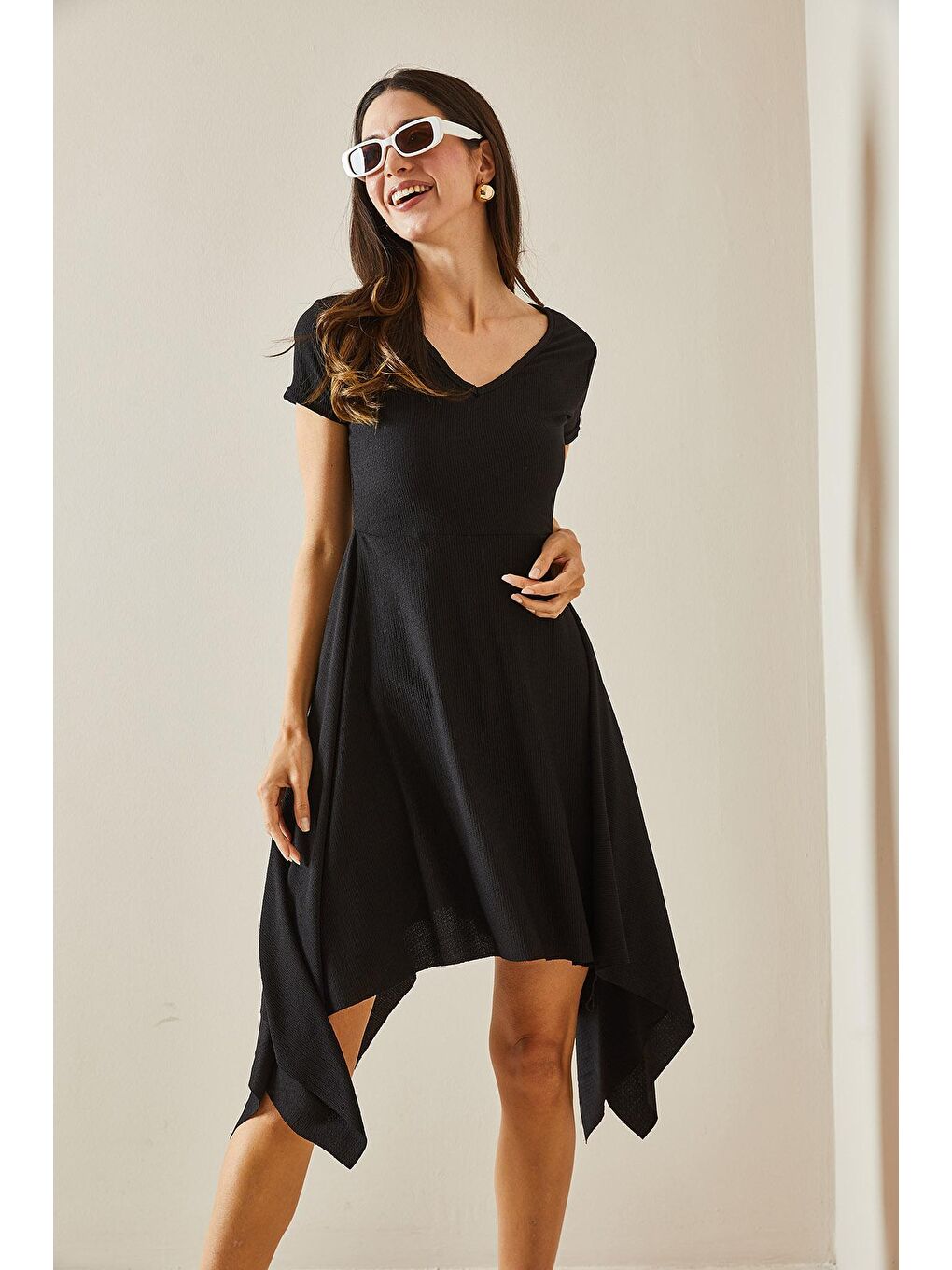 Siyah Asimetrik V Yaka Örme Midi Elbise 5YXK6-48529-02-2