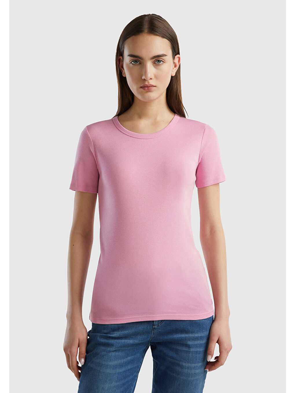 United Colors Of Benetton Kadın Açık Pembe  100 Pamuk Basic Kısa Kollu Bisiklet Yaka T Shirt