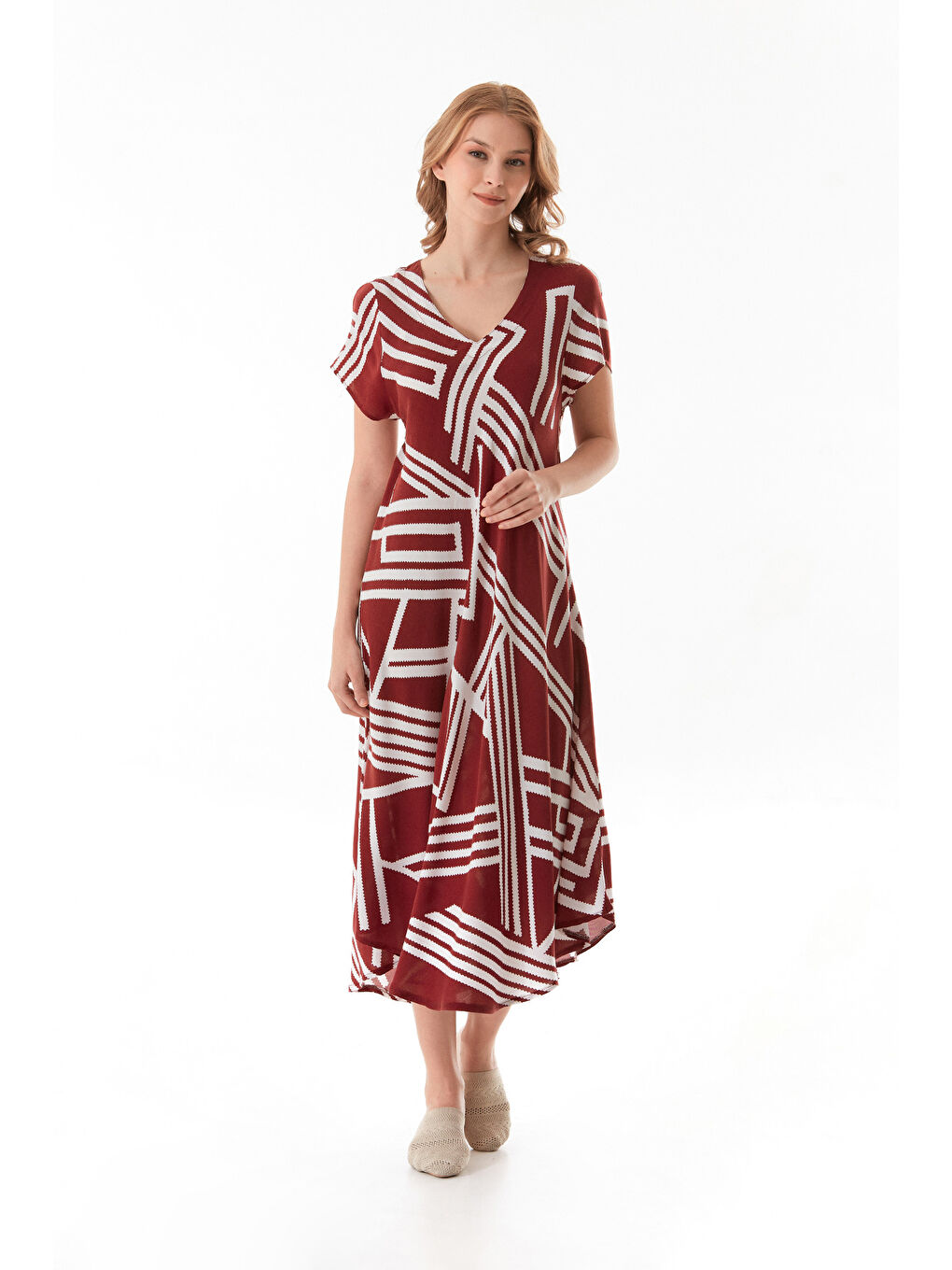 Bordo Çizgili V Yaka Salaş Elbise-3