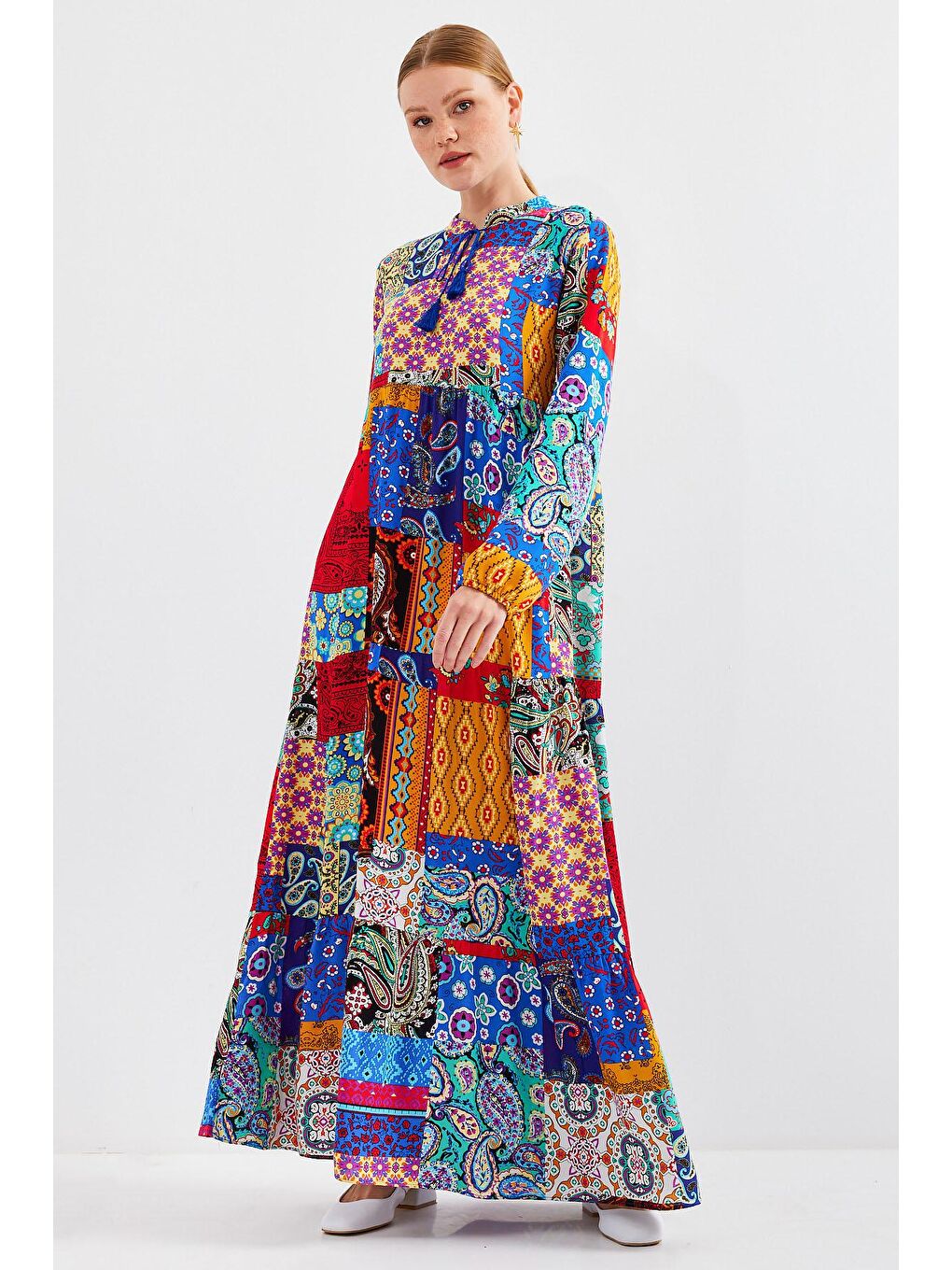 Karışık 1627 Yaka Bağcıklı Tesettür Elbise - Çok Renkli-4